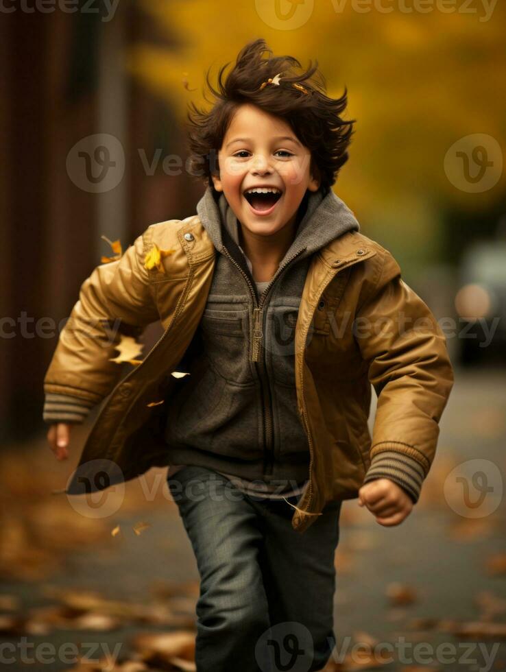 mexicano niño en emocional dinámica actitud en otoño antecedentes ai generativo foto