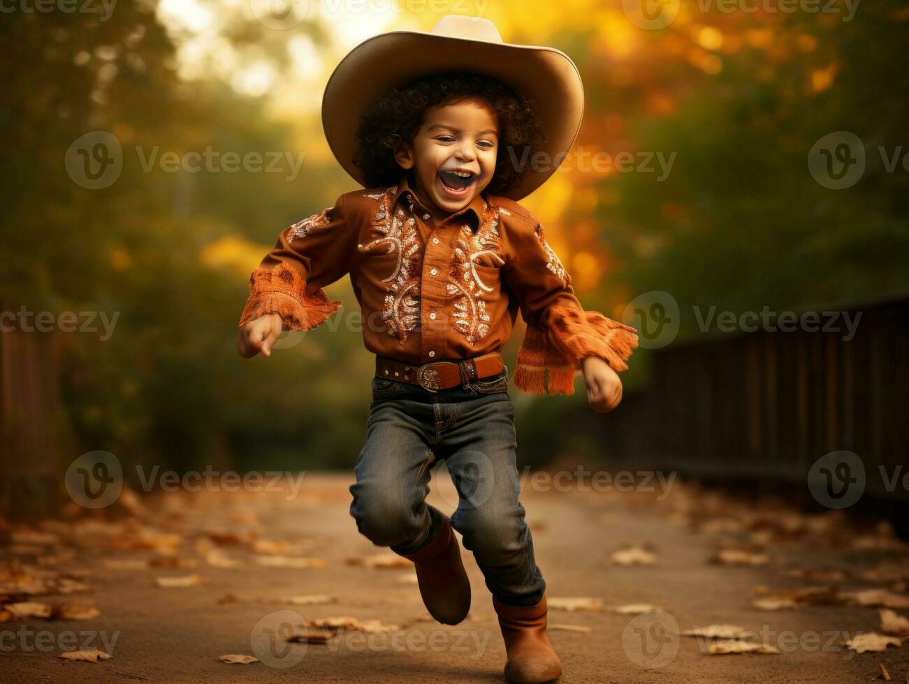 Mexican kid in emotional dynamic pose on autumn background AI Generative photo