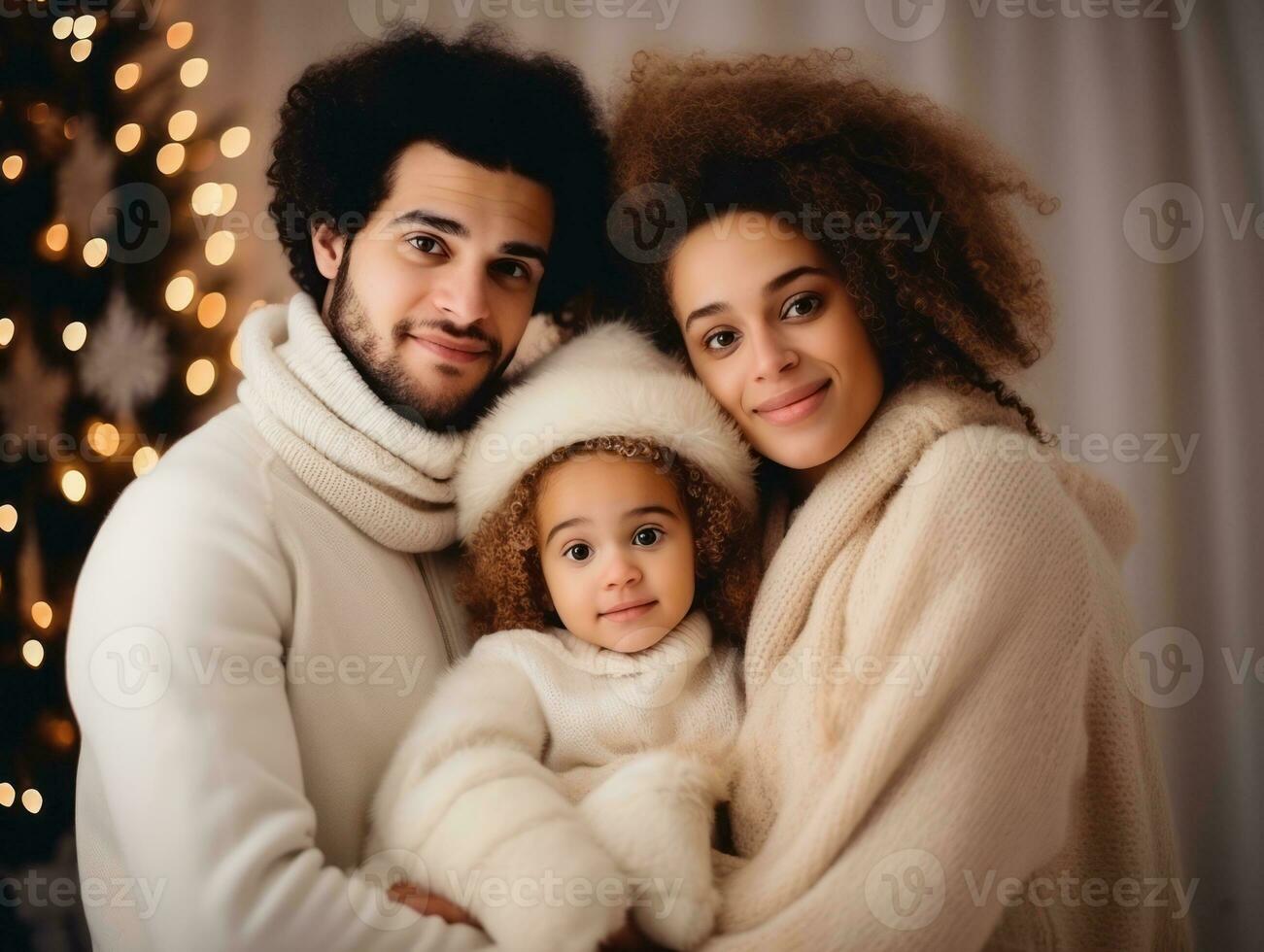 The Interracial family enjoys celebrating Christmas Eve together AI Generative photo