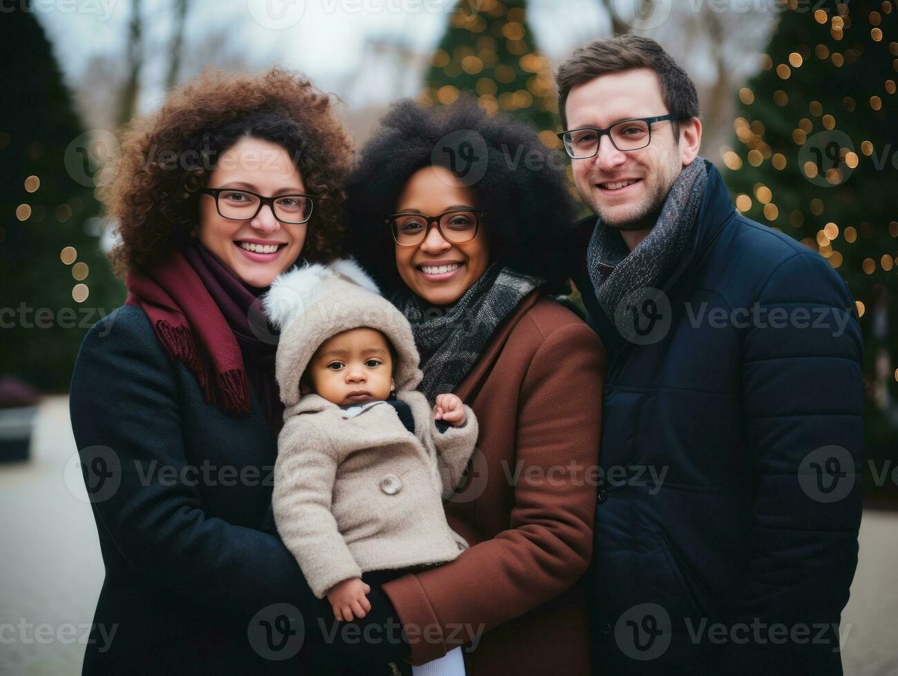 The Interracial family enjoys celebrating Christmas Eve together AI Generative photo