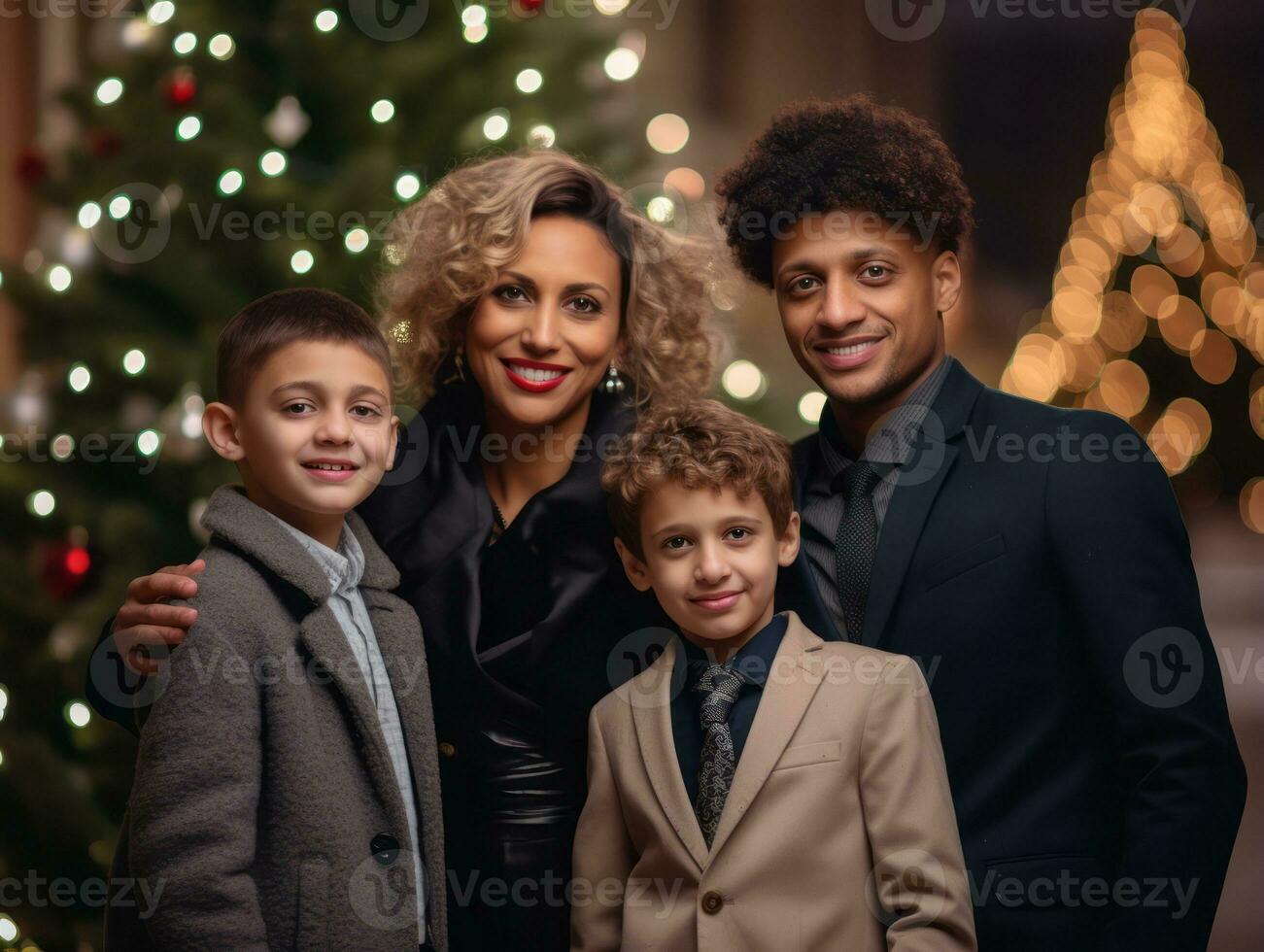 The Interracial family enjoys celebrating Christmas Eve together AI Generative photo