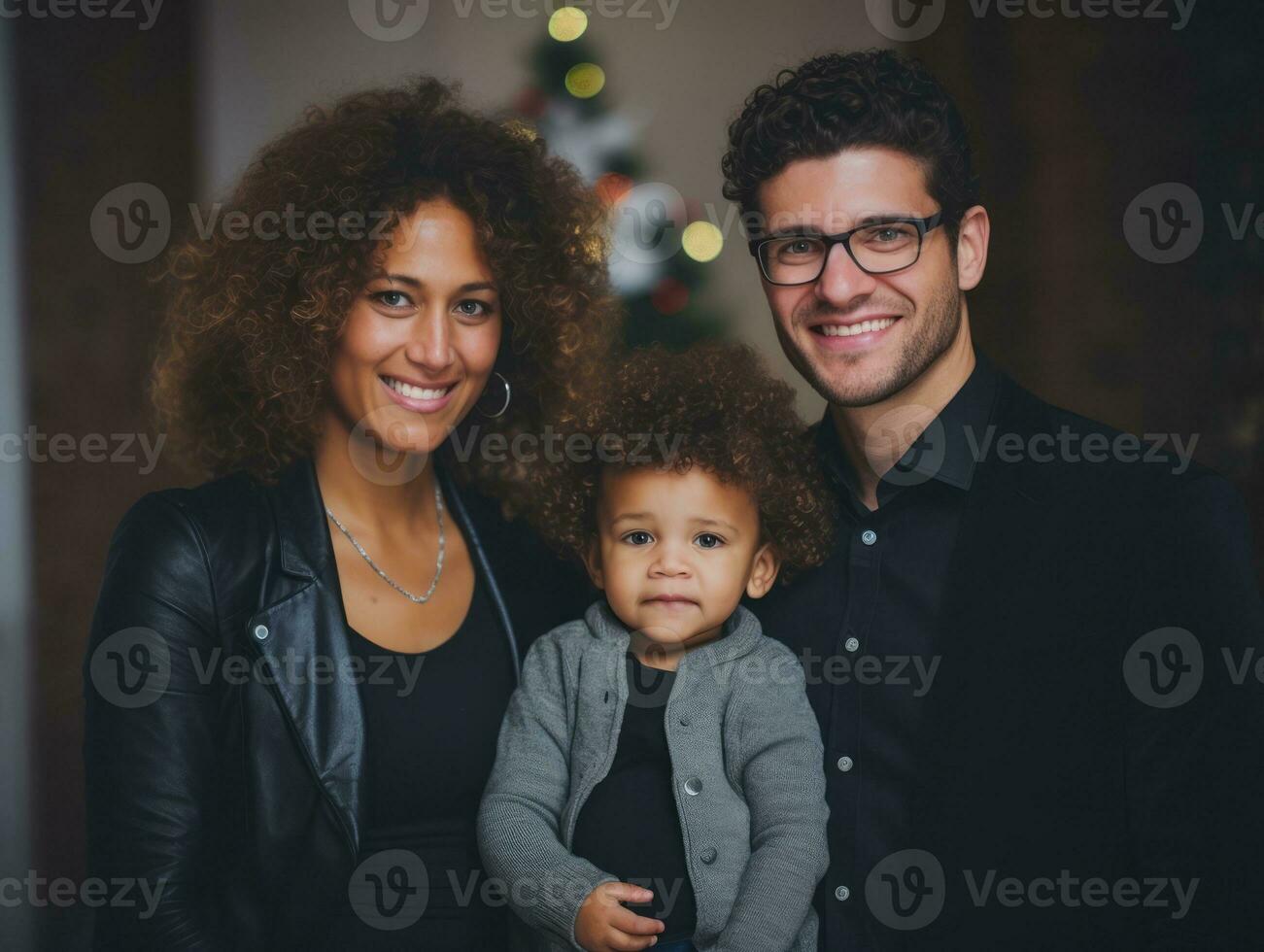 The Interracial family enjoys celebrating Christmas Eve together AI Generative photo