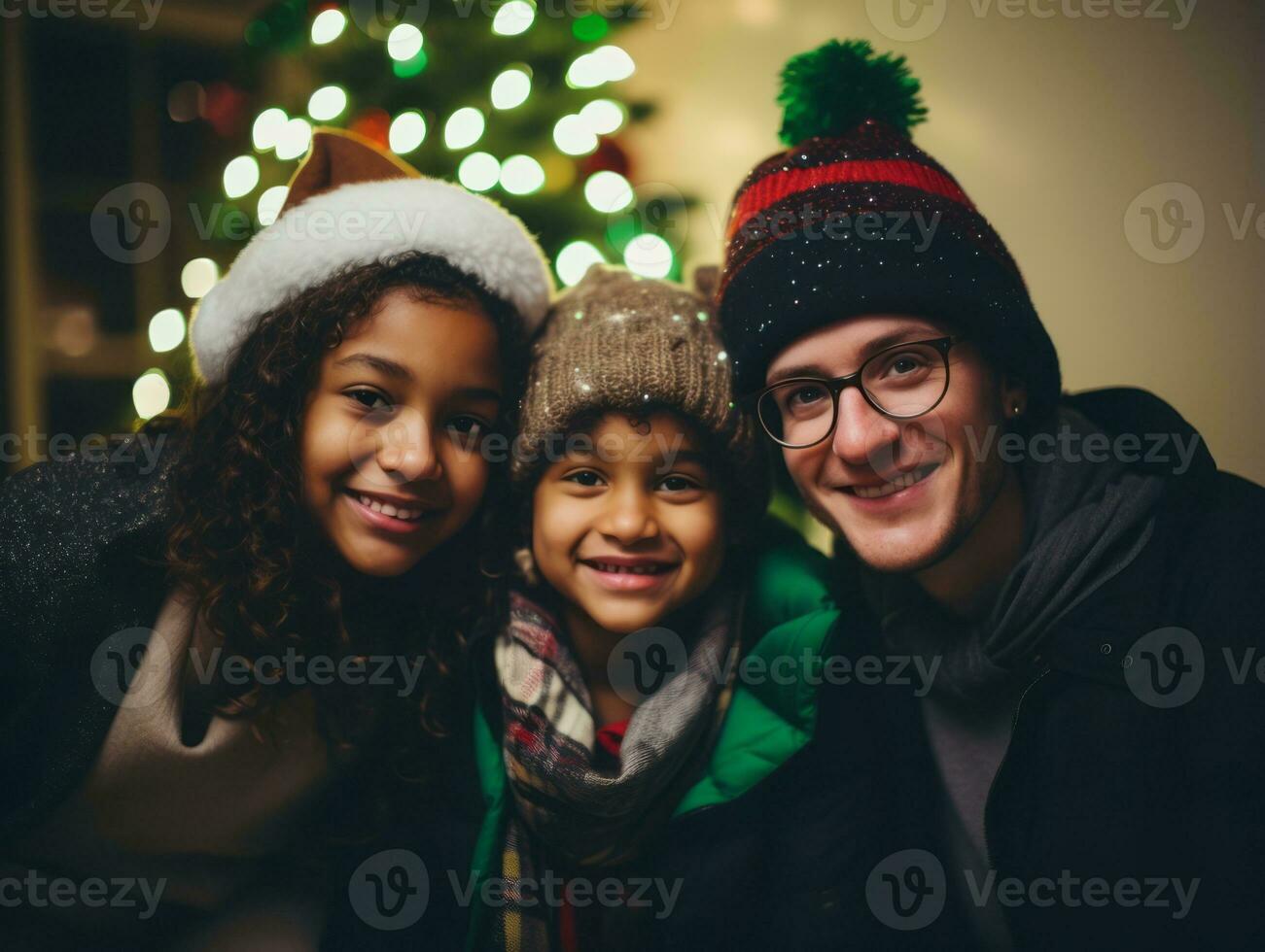 The Interracial family enjoys celebrating Christmas Eve together AI Generative photo