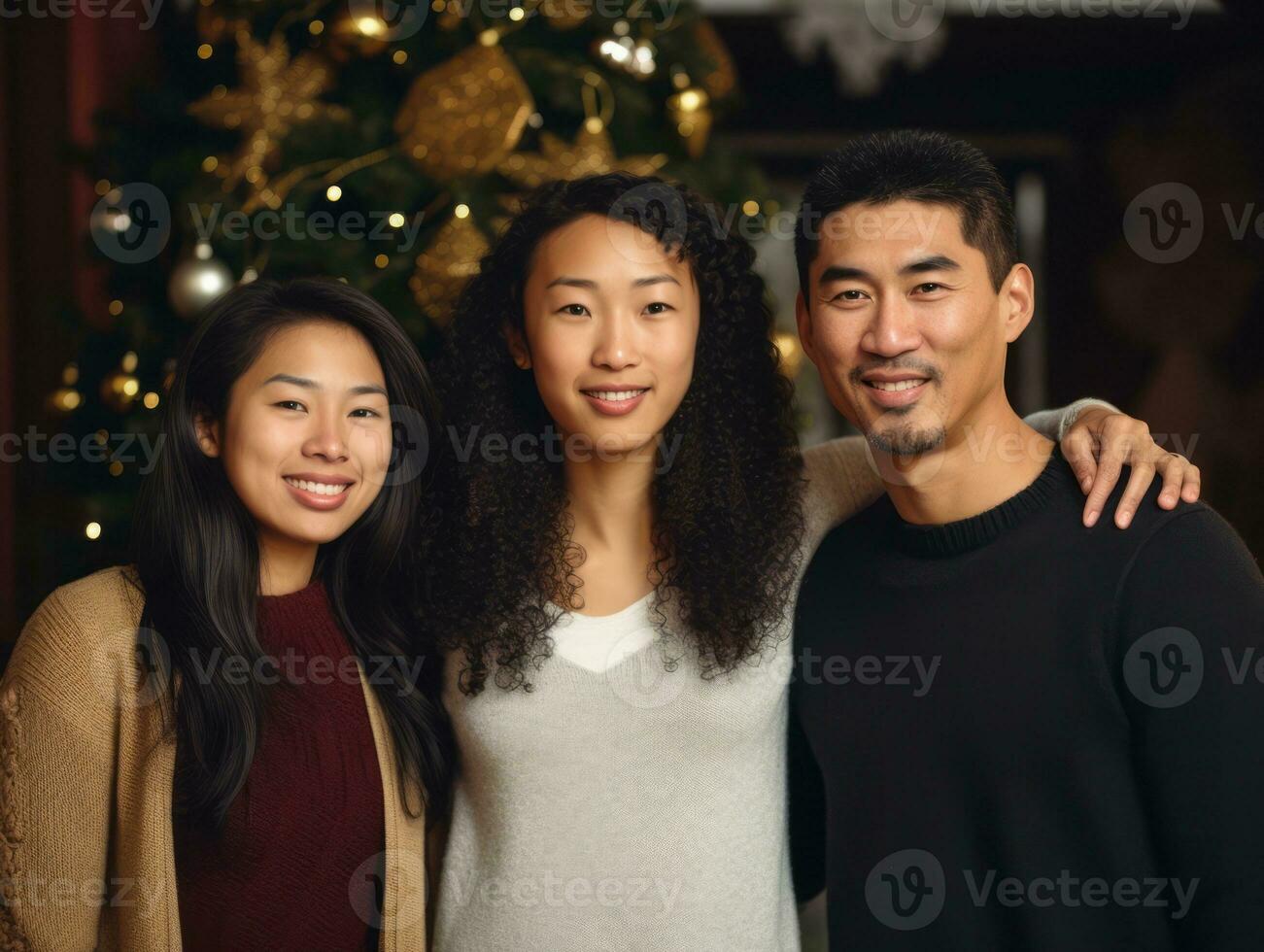 The Interracial family enjoys celebrating Christmas Eve together AI Generative photo