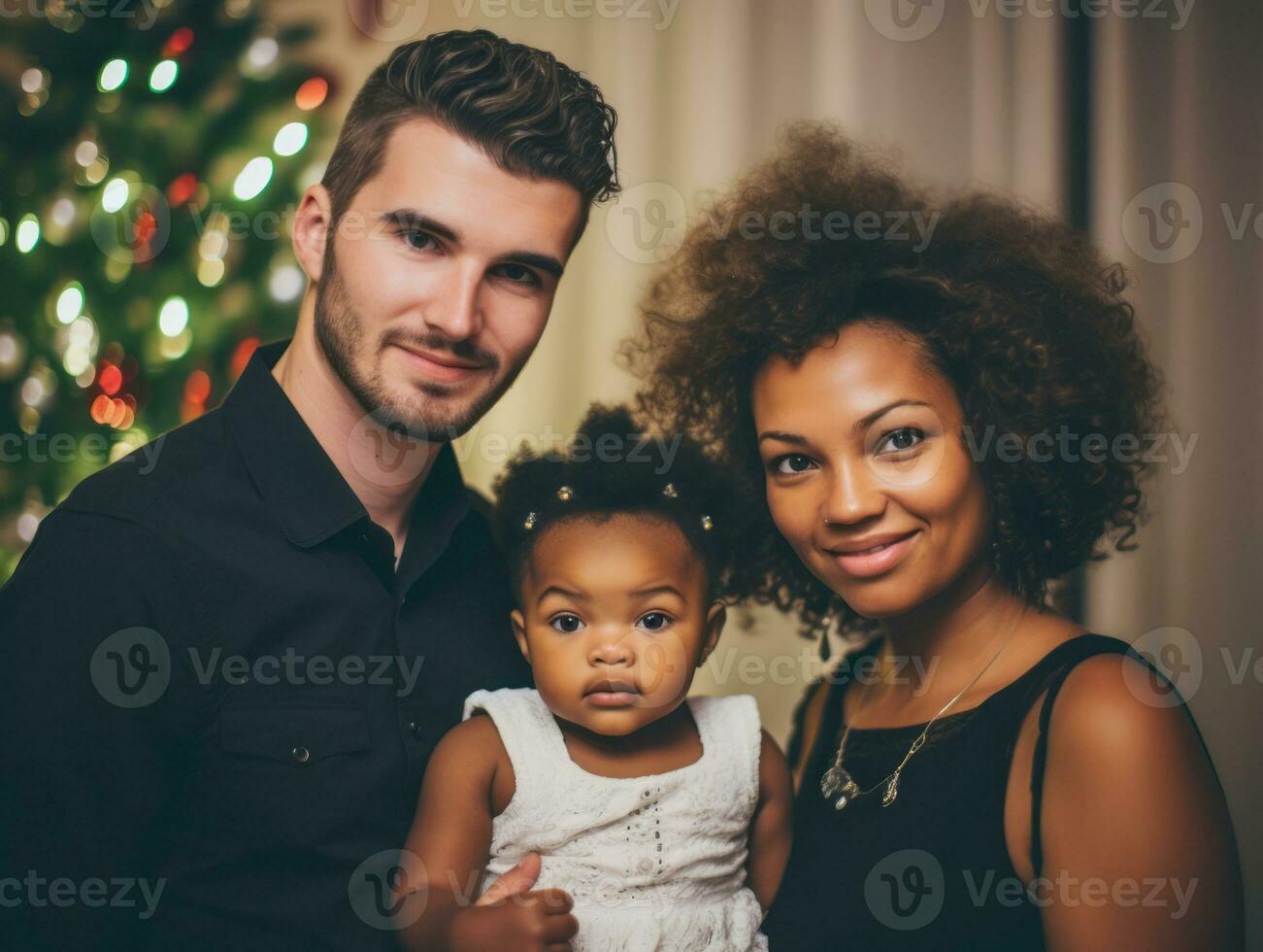 The Interracial family enjoys celebrating Christmas Eve together AI Generative photo