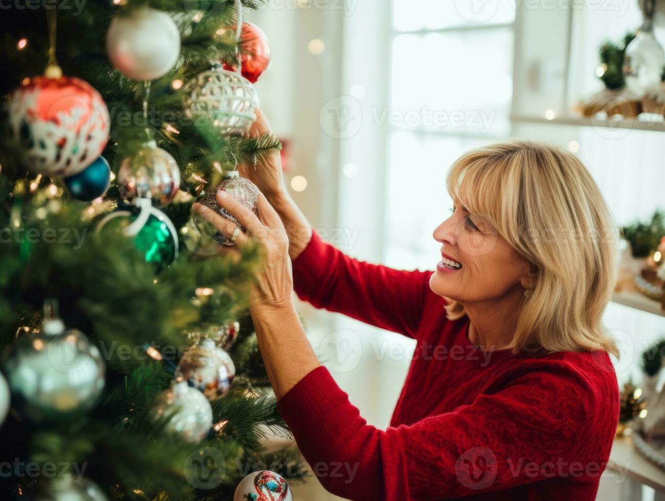 Woman decorating a Christmas tree with ornaments and lights AI Generative photo