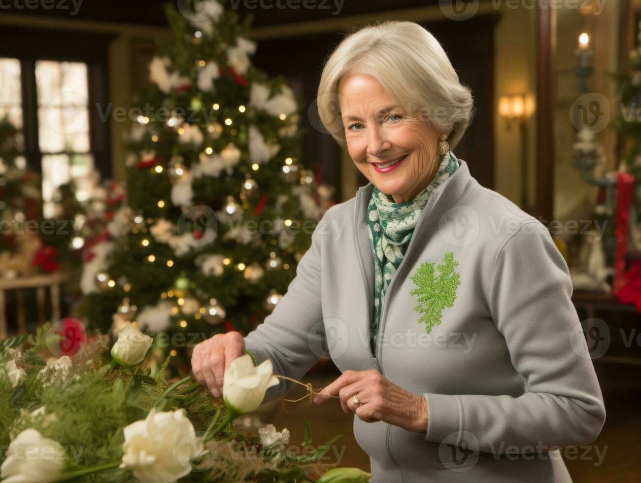 Woman decorating a Christmas tree with ornaments and lights AI Generative photo