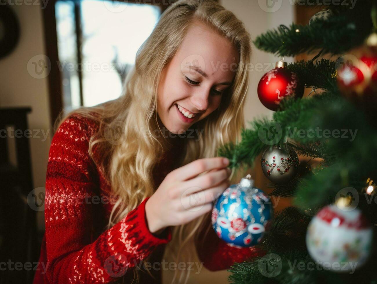 Woman decorating a Christmas tree with ornaments and lights AI Generative photo