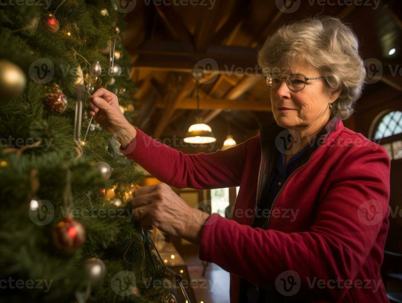 Woman decorating a Christmas tree with ornaments and lights AI Generative photo