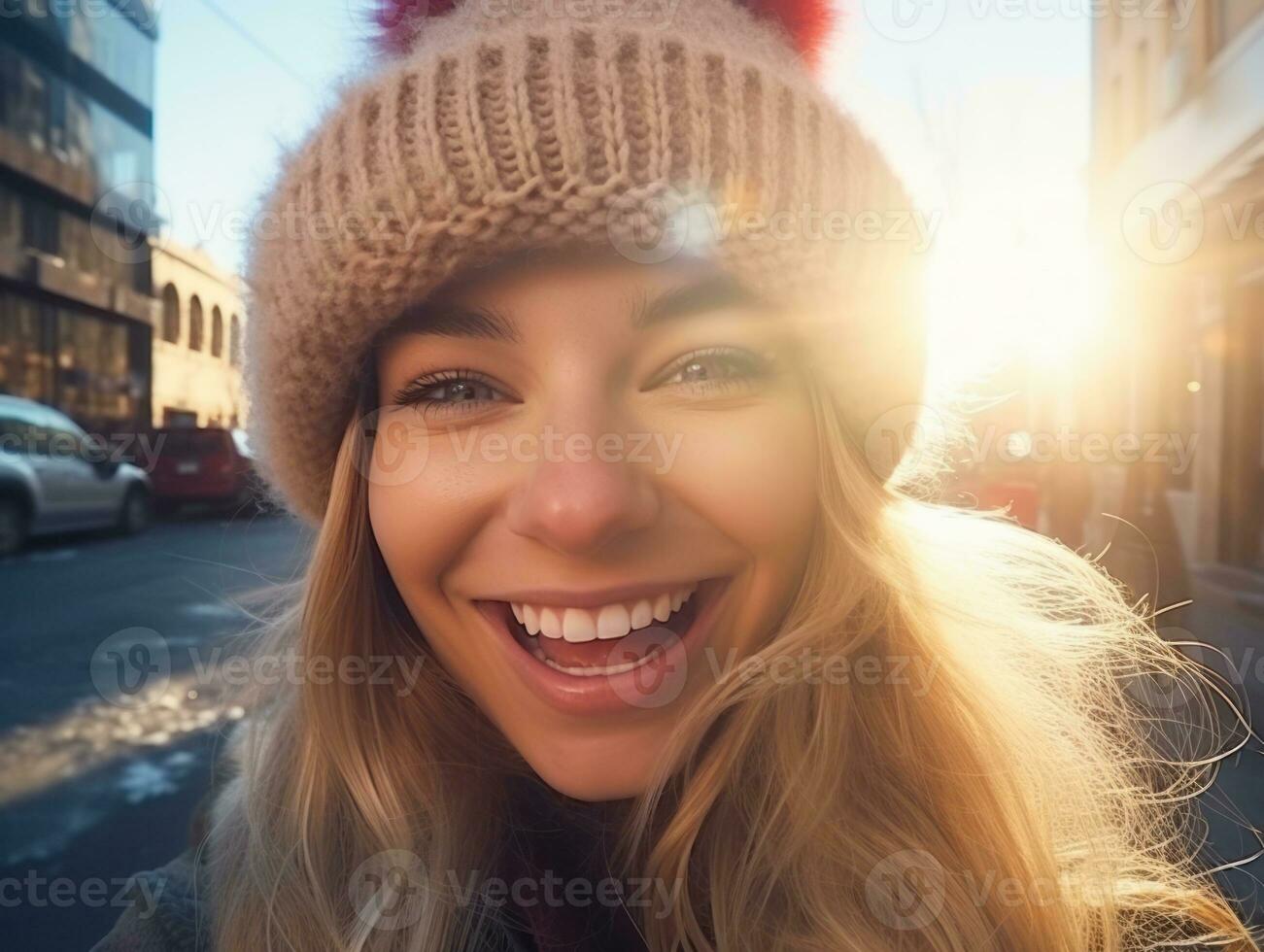 Woman enjoys in the winter day in emotional playful pose AI Generative photo