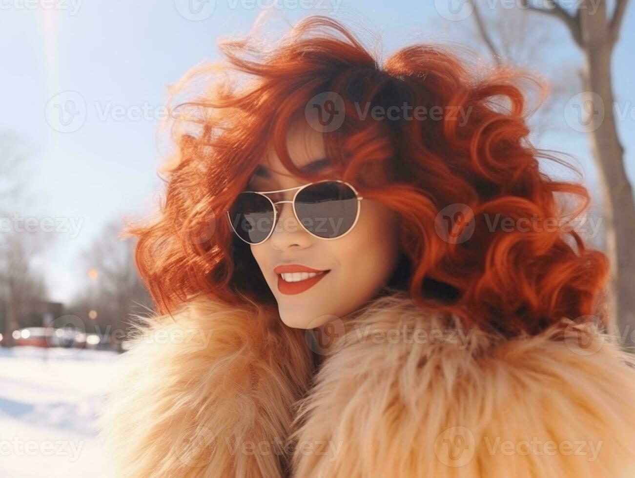 Woman enjoys in the winter day in emotional playful pose AI Generative photo