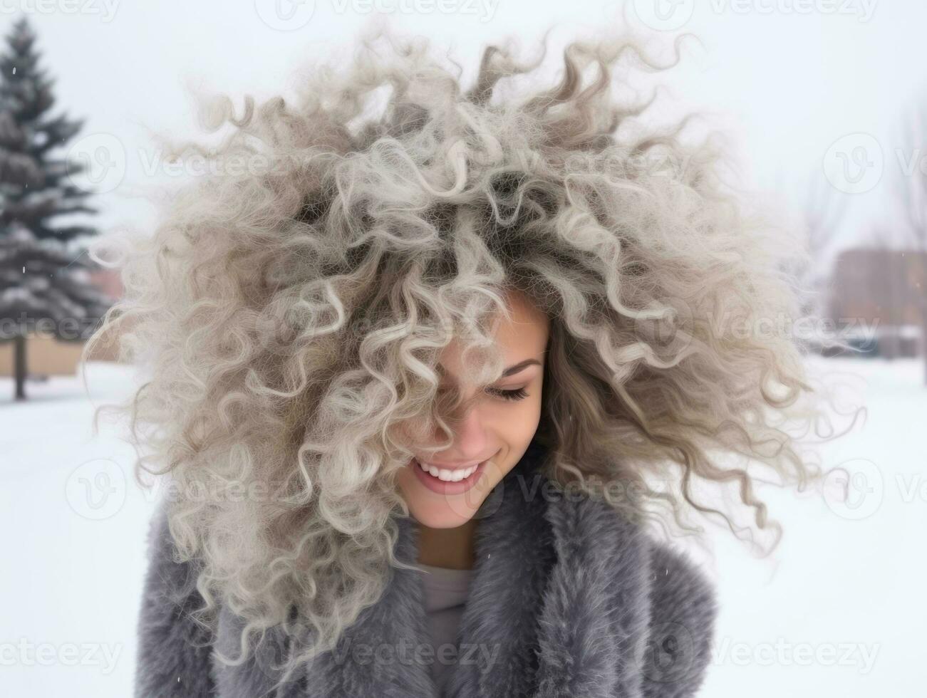 mujer disfruta en el invierno día en emocional juguetón actitud ai generativo foto