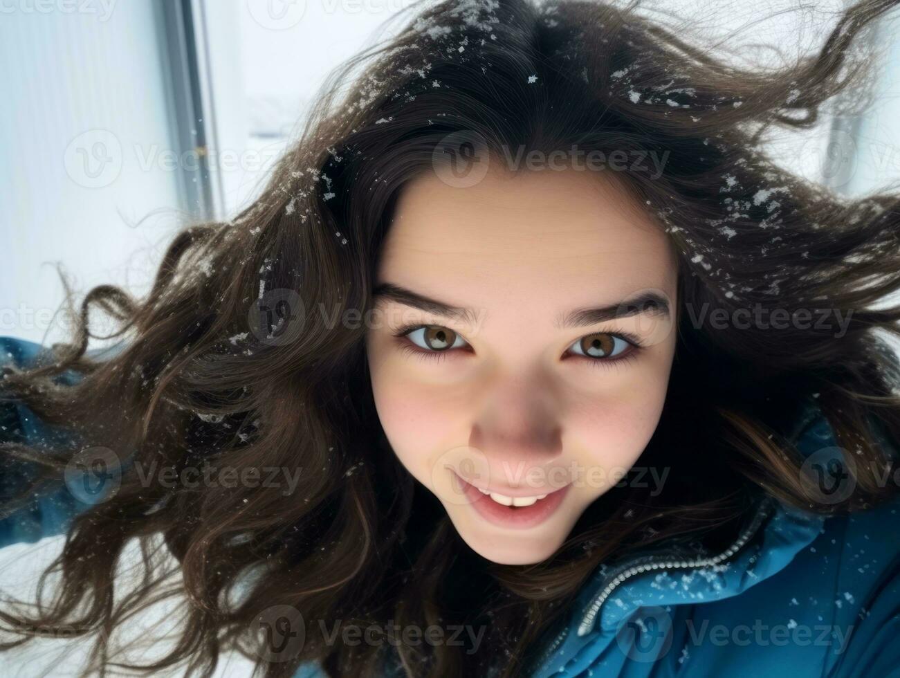 Woman enjoys in the winter day in emotional playful pose AI Generative photo