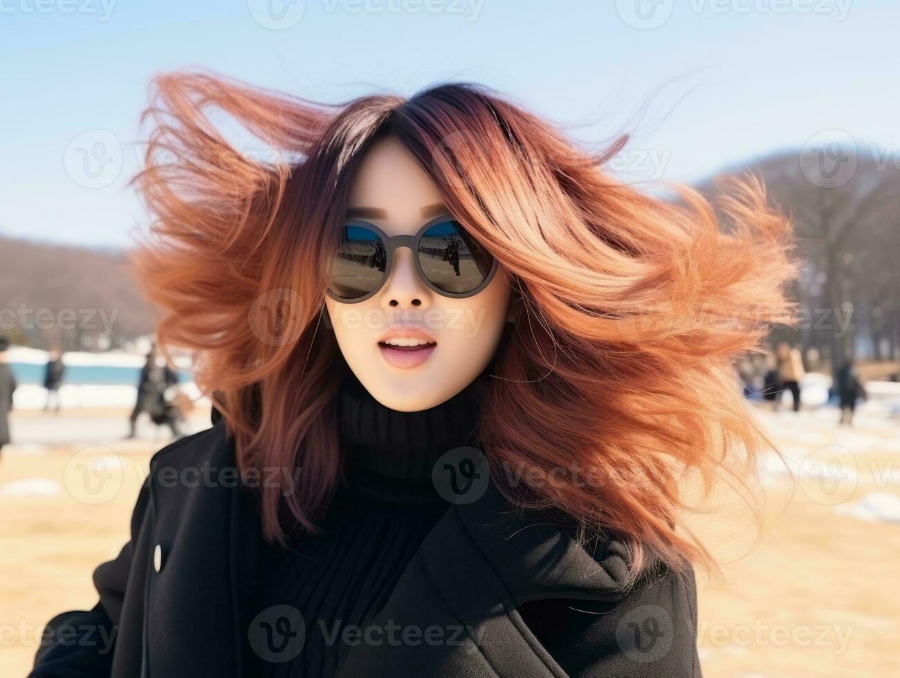 Woman enjoys in the winter day in emotional playful pose AI Generative photo