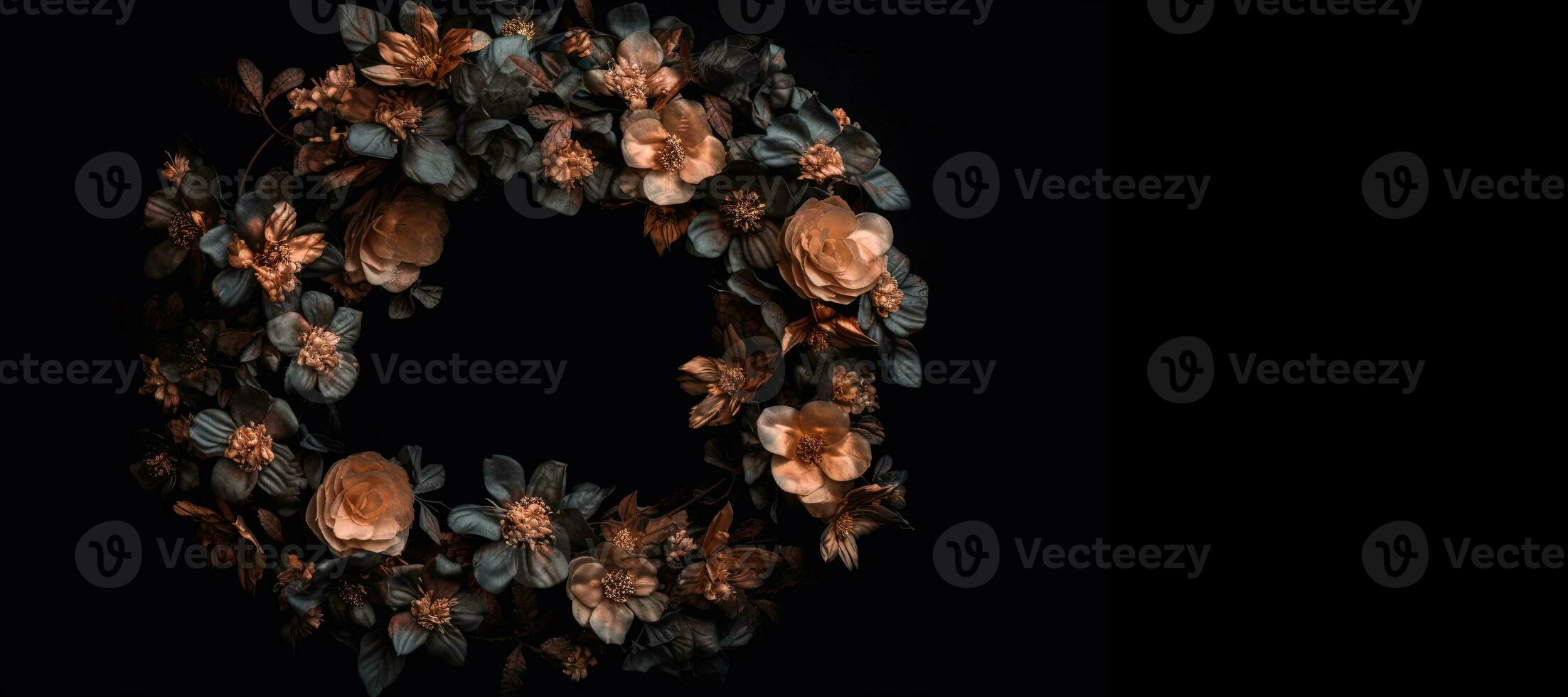 Generative AI, Close up wreath, blooming flowerbeds of amazing orange flowers on dark moody floral textured background. photo