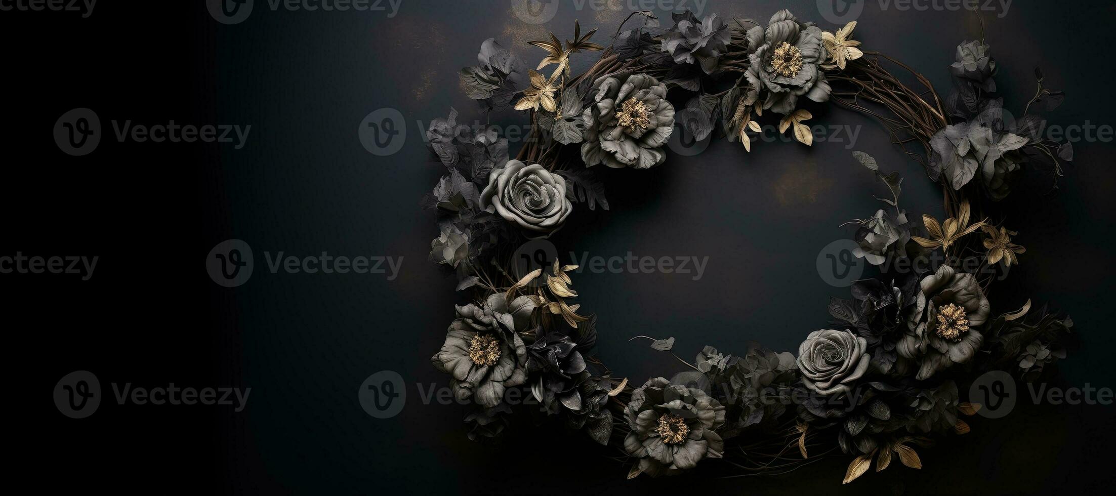 Generative AI, Close up wreath, blooming flowerbeds of amazing black flowers on dark moody floral textured background. photo