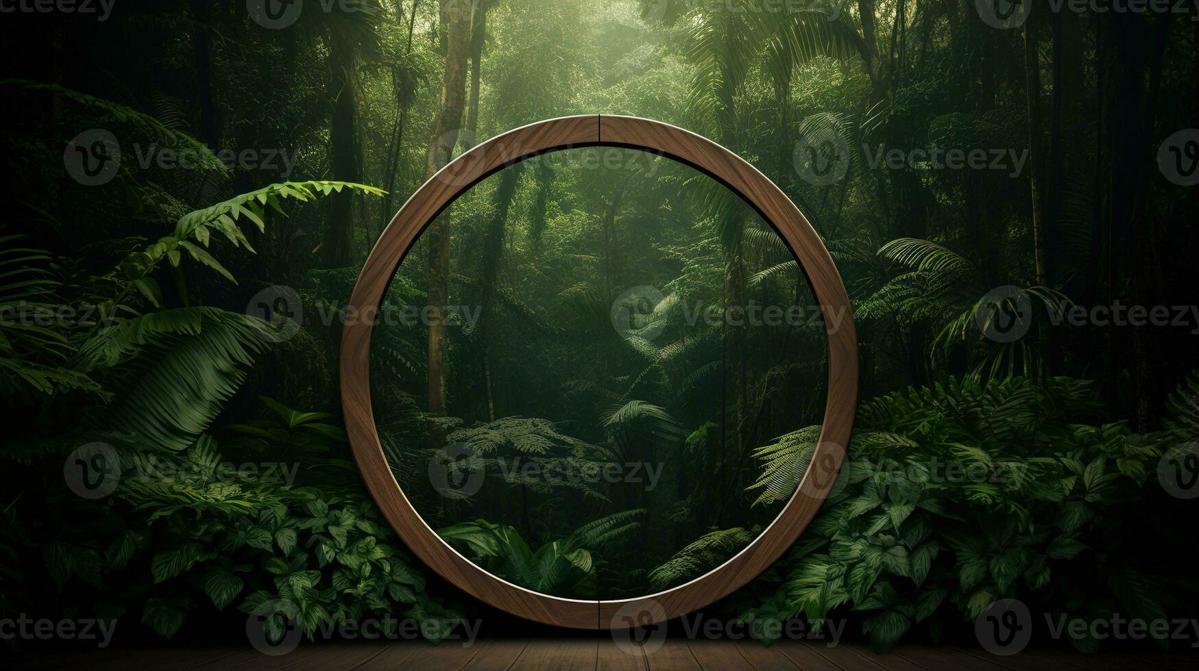 Generative AI, Empty circle wooden frame and tropical leaves on jungle background. For product display. photo