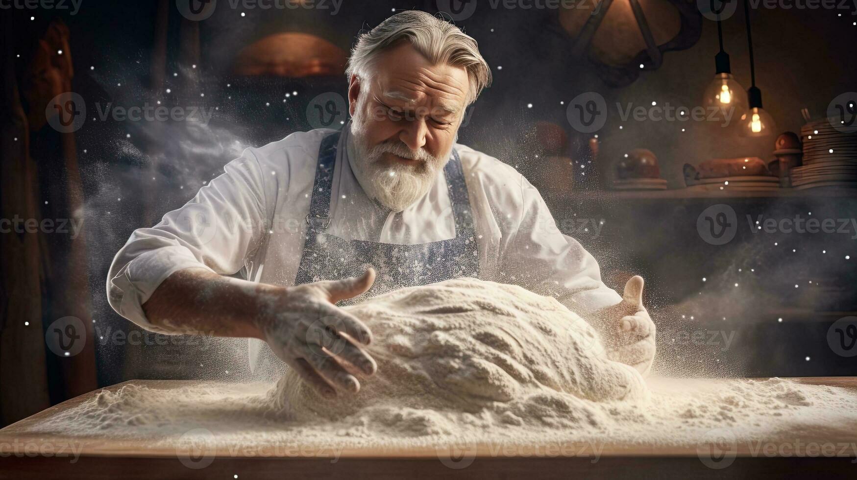 Generative AI, Old man hands of baker in restaurant or home kitchen, prepares ecologically natural pastries. photo