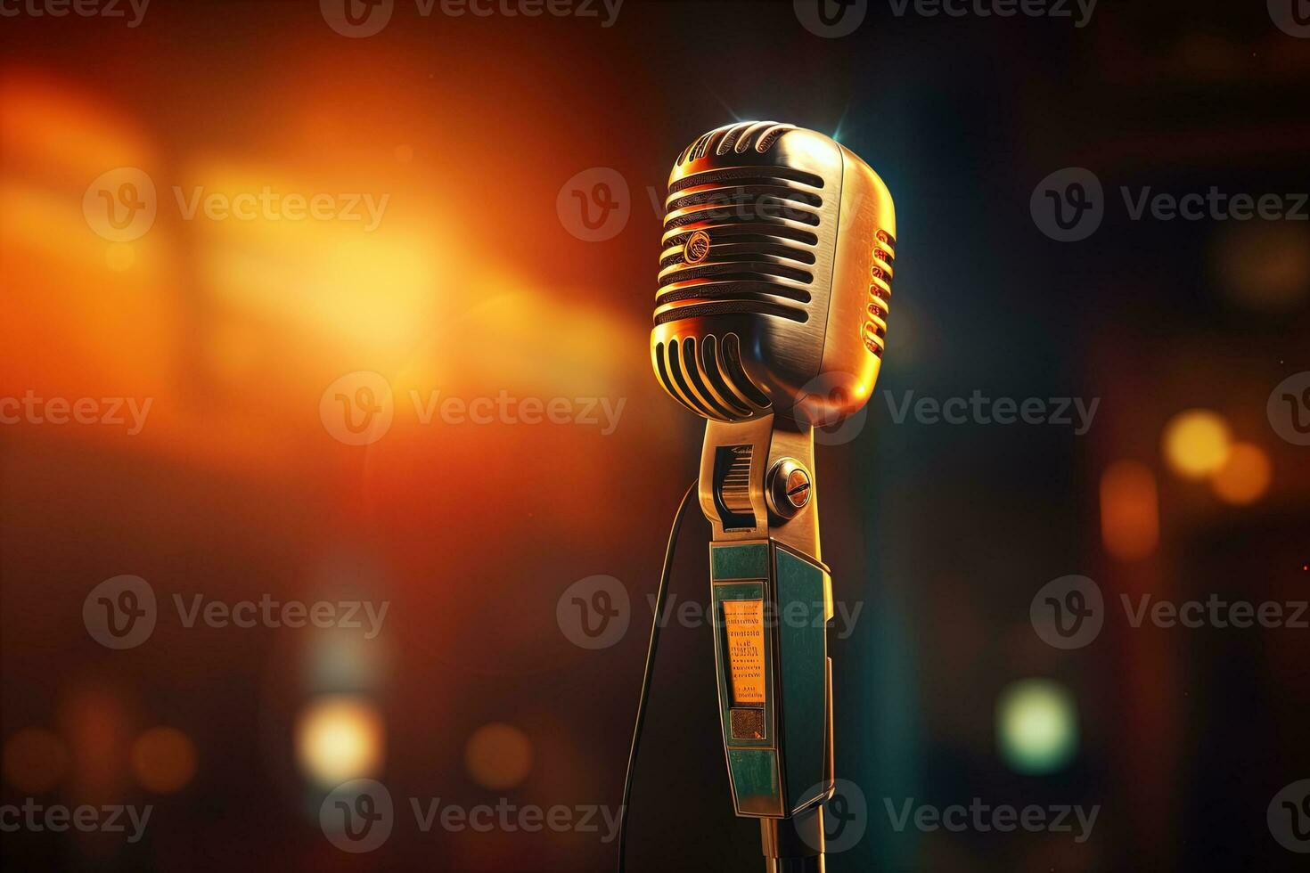Generative AI, retro audio microphone on stage, blurred lights background photo