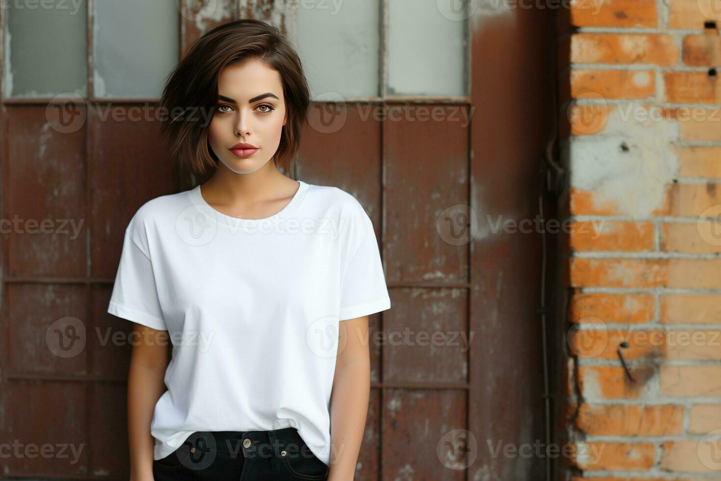 Generative AI, Realistic white T-Shirt mock up blank put on young pretty woman, copy space for presentation advertising. Blank business concept photo