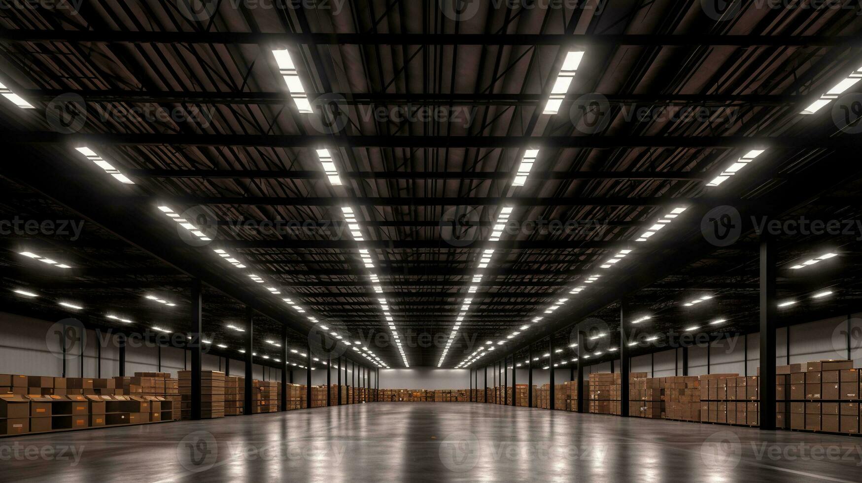 Generative AI, Warehouse interior with  LED lighting, industry building, distribution retail center, part of storage and shipping system. photo