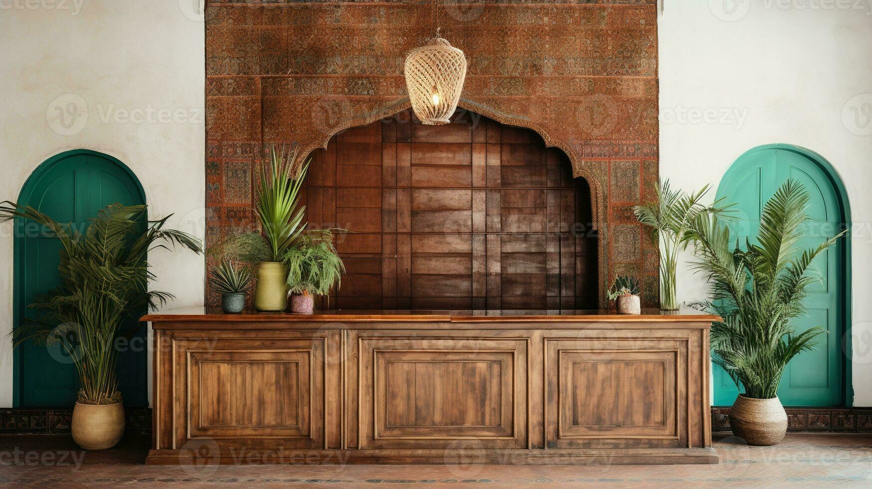 Generative AI, Front desk of boho hotel, wooden reception photo