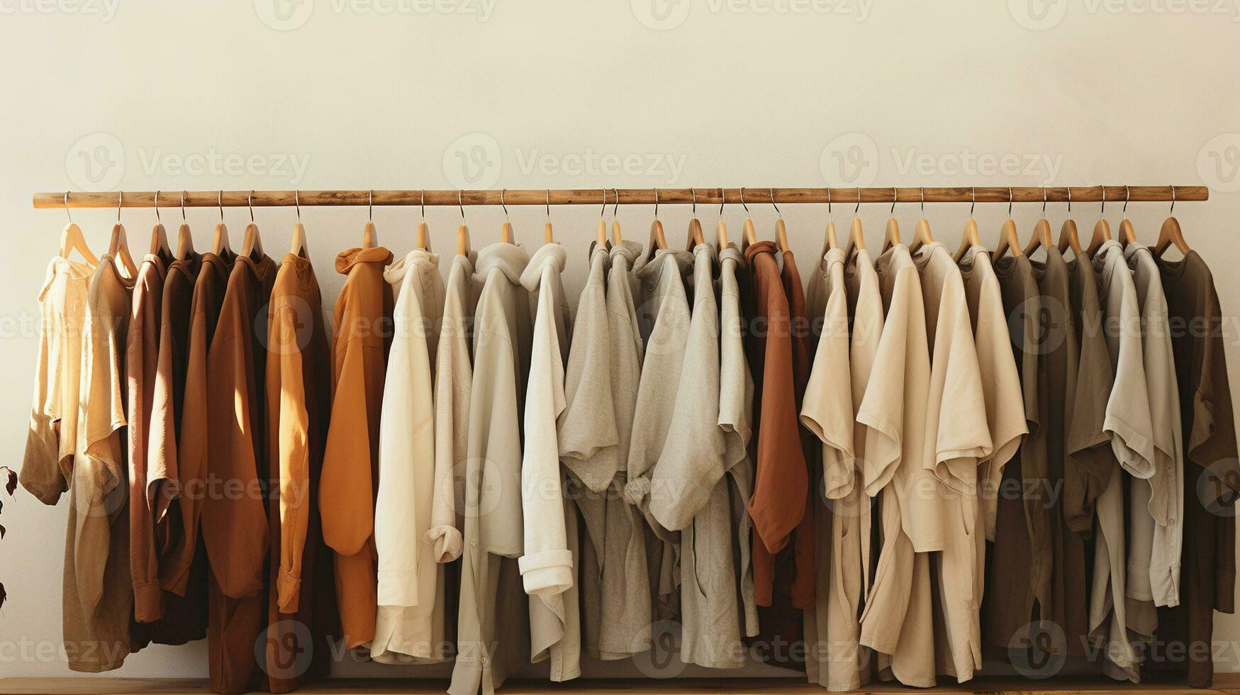 generativo ai, paño Tienda estético fondo, foto de ropa colgando en perchas, apagado neutral colores