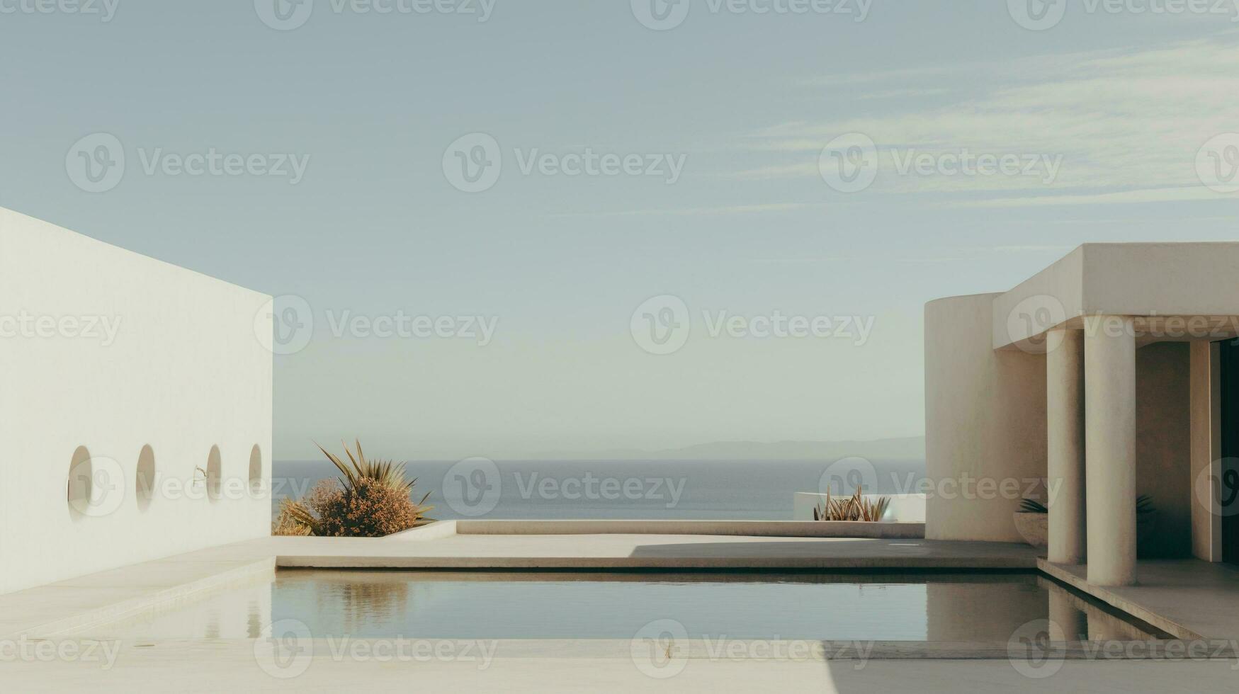 Generative AI, Beach aesthetic villa house and coast landscape, muted colors, minimalism photo