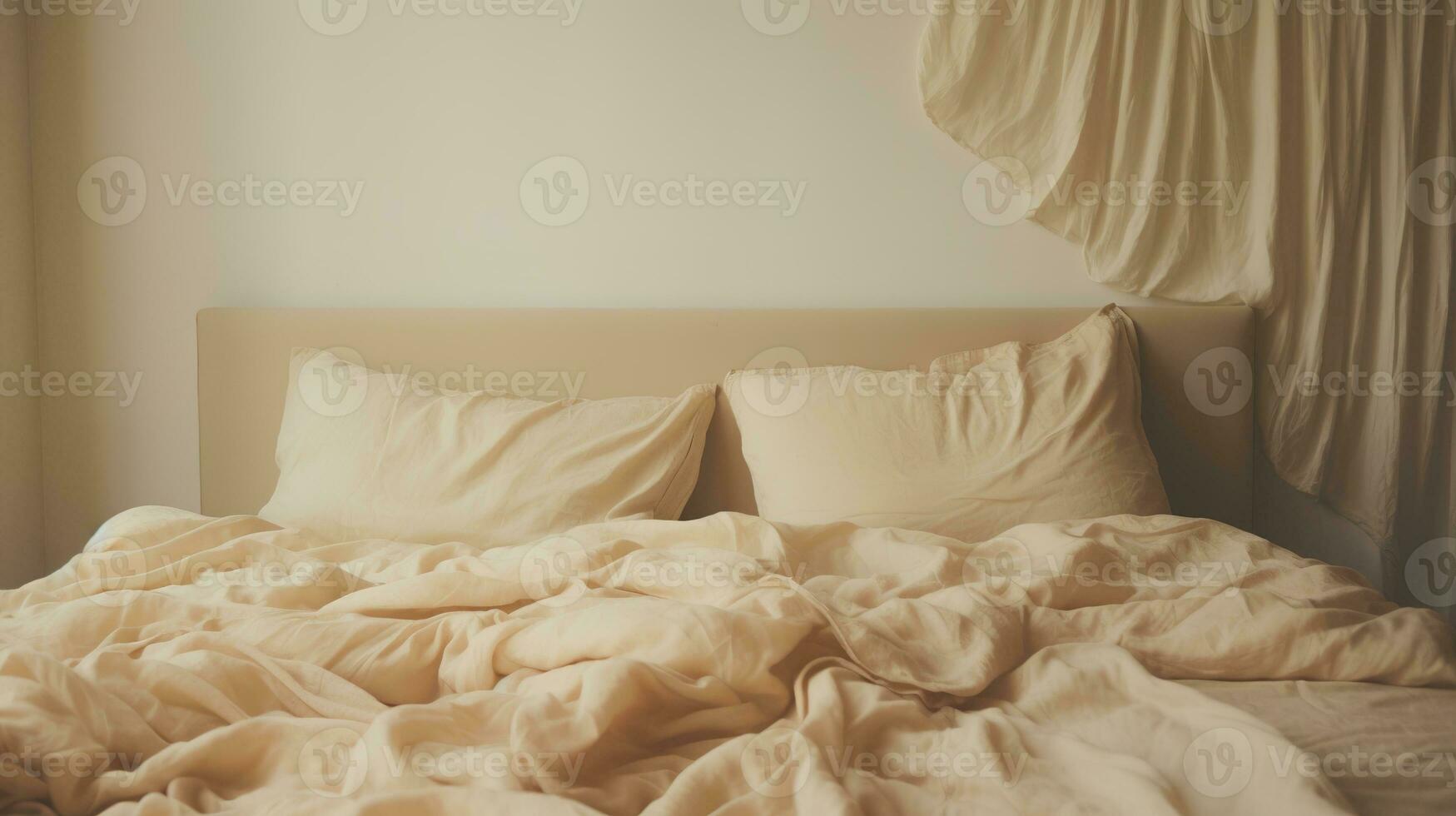 Generative AI, Relaxing bedroom detail of bed with natural linen textured bedding, muted neutral aesthetic colors photo