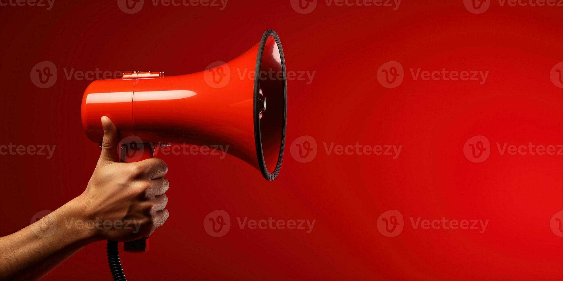 Generative AI, megaphone in hand on a empty red background, panoramic image with copy space photo