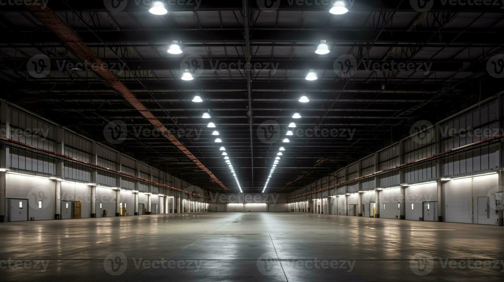 Generative AI, Warehouse interior with LED lighting, industry building, distribution retail center, part of storage and shipping system. photo