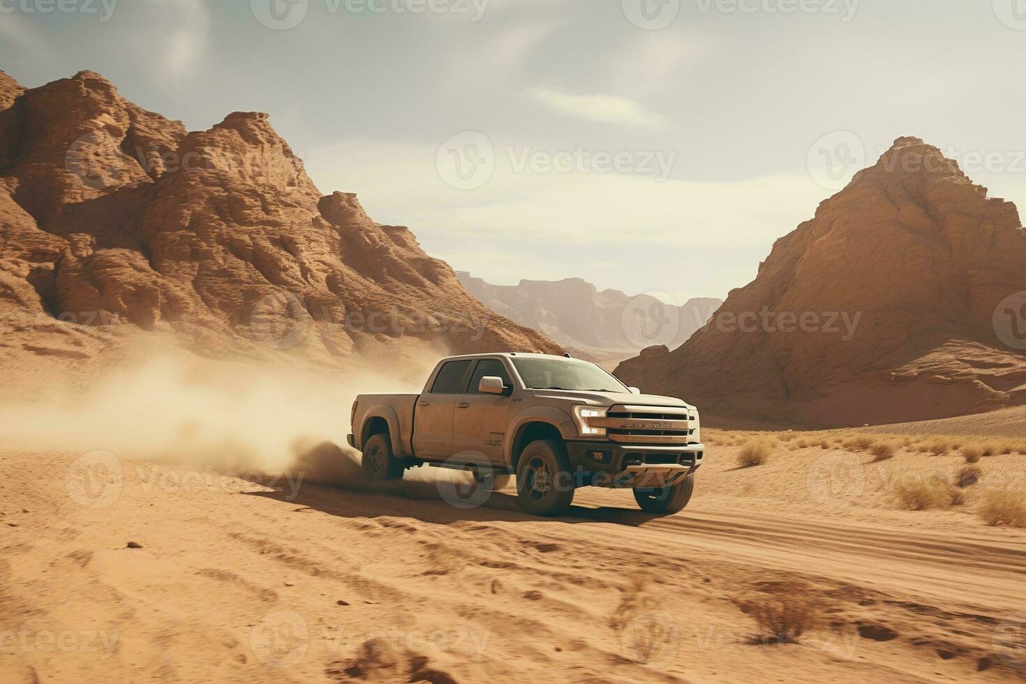 Generative AI, Off road car driving on a winding mountain desert road, surrounded by breathtaking views of the rugged terrain photo