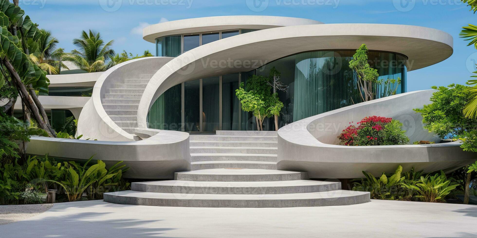 Generative AI, modern luxury house with lush tropical garden. Villa, hotel resort, architectural photography in the style of futuristic curves photo