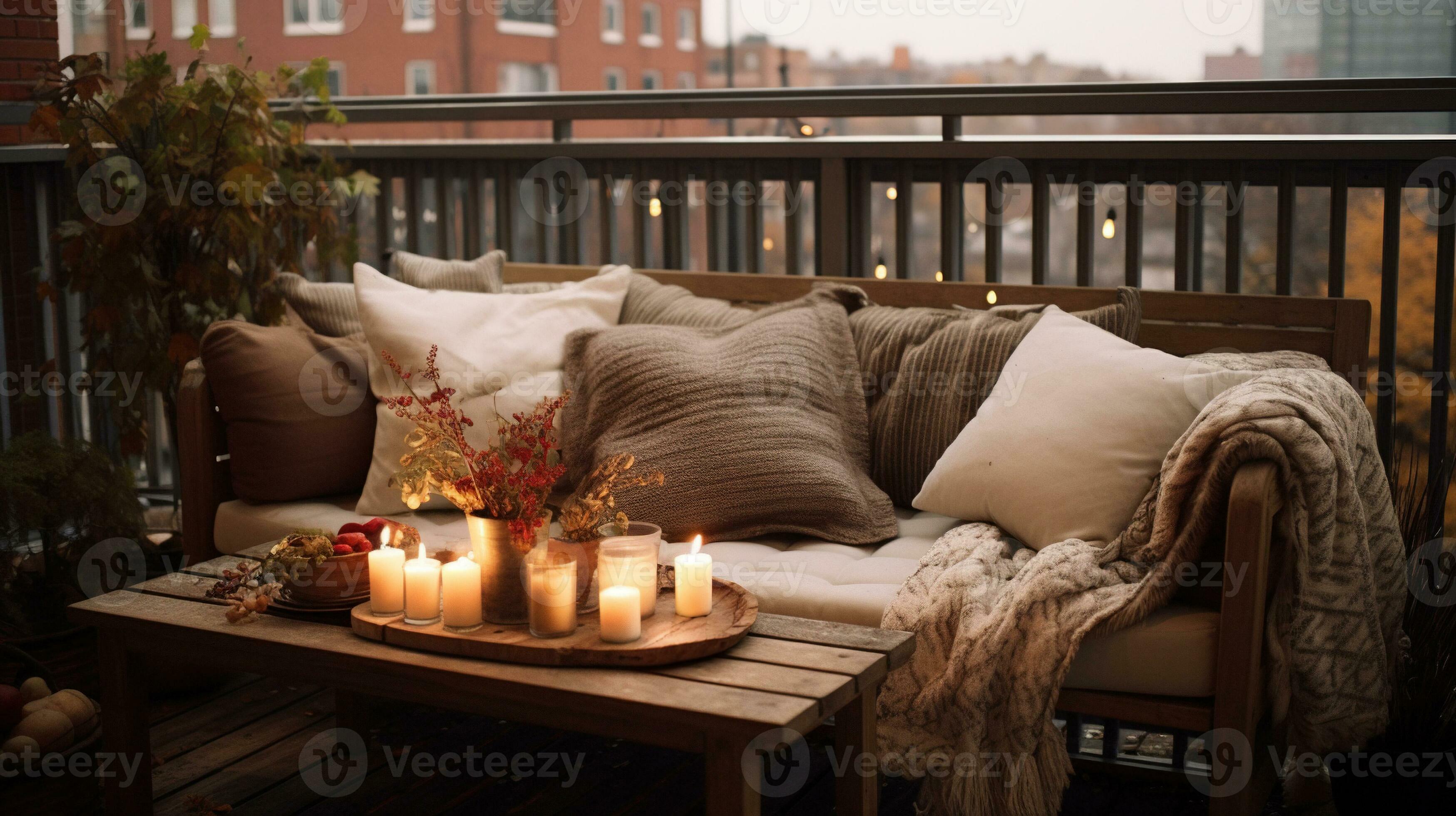 Generative AI, Cozy balcony in muted neutral colors with blanket, chair
