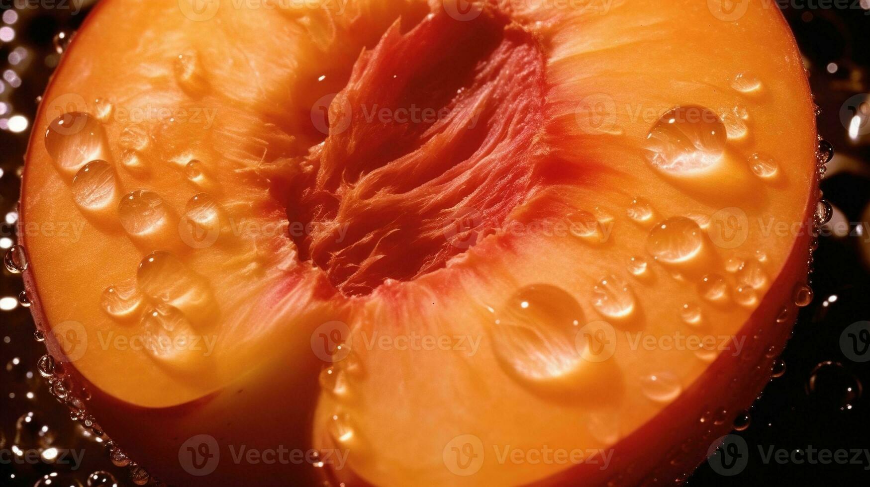 Generative AI, bright slice of juicy ripe peach and water drops, macro of summer fruit photo