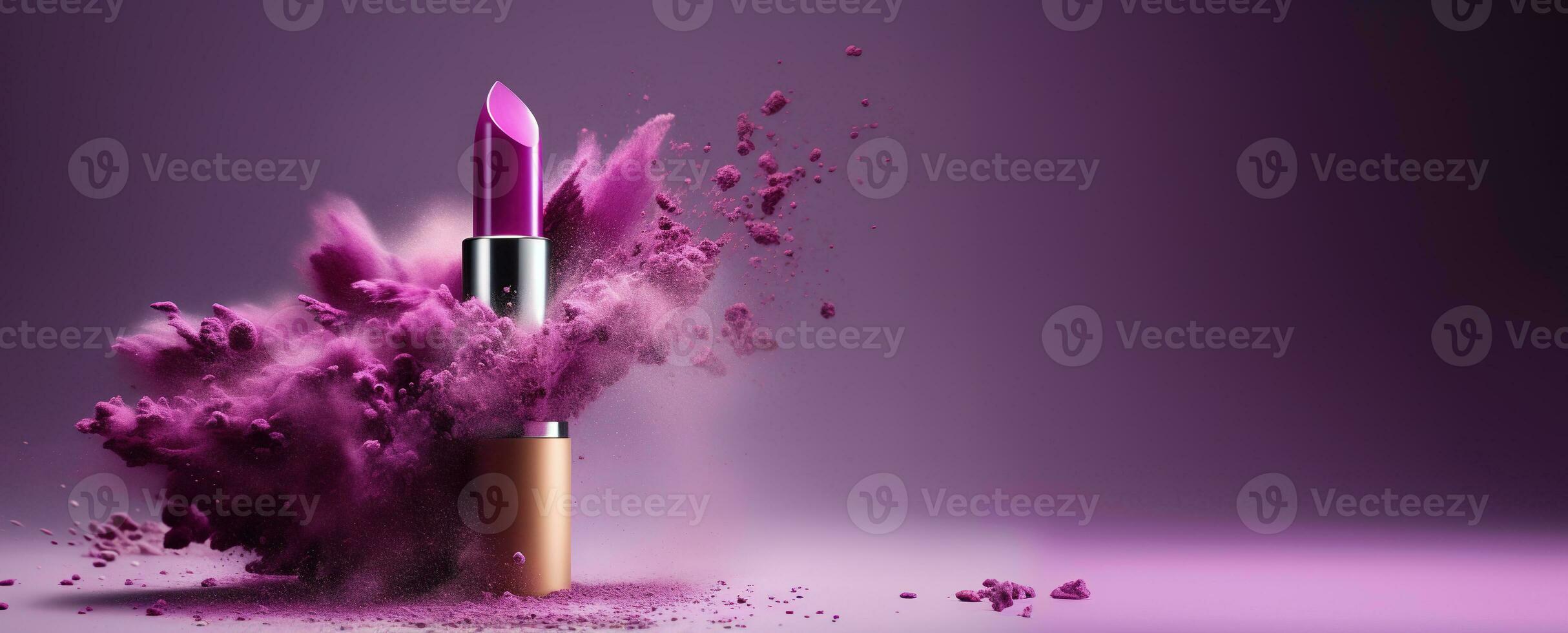 Generative AI, Purple lipstick, powder splashes and smoke on purple background. photo