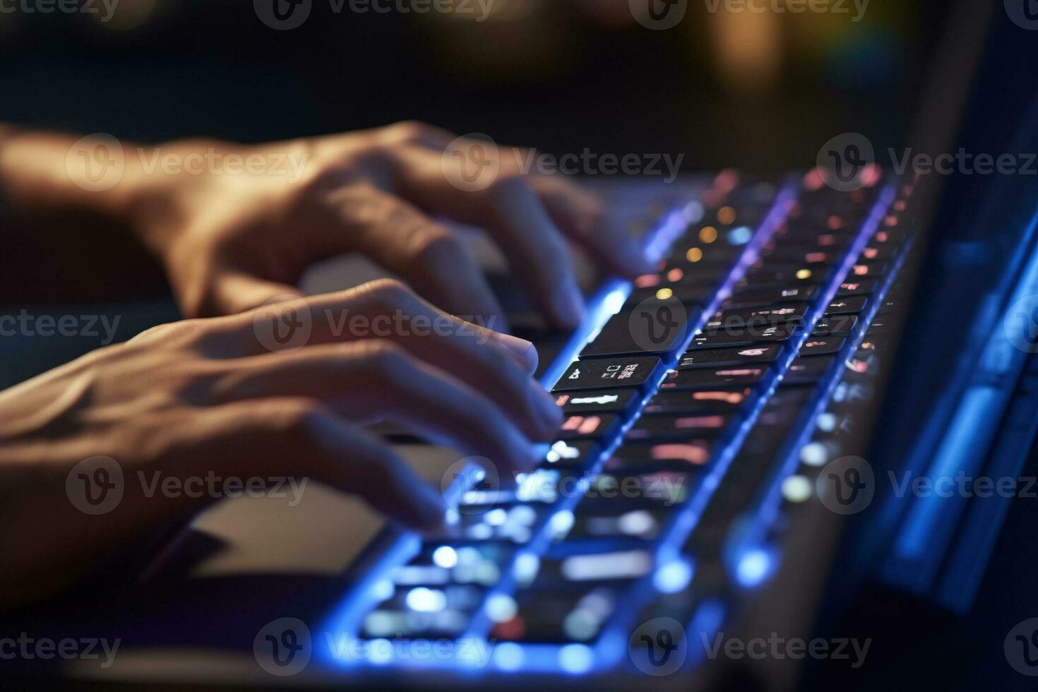 Generative AI, Typing on keyboard closeup, shot hands using laptop computer and internet photo