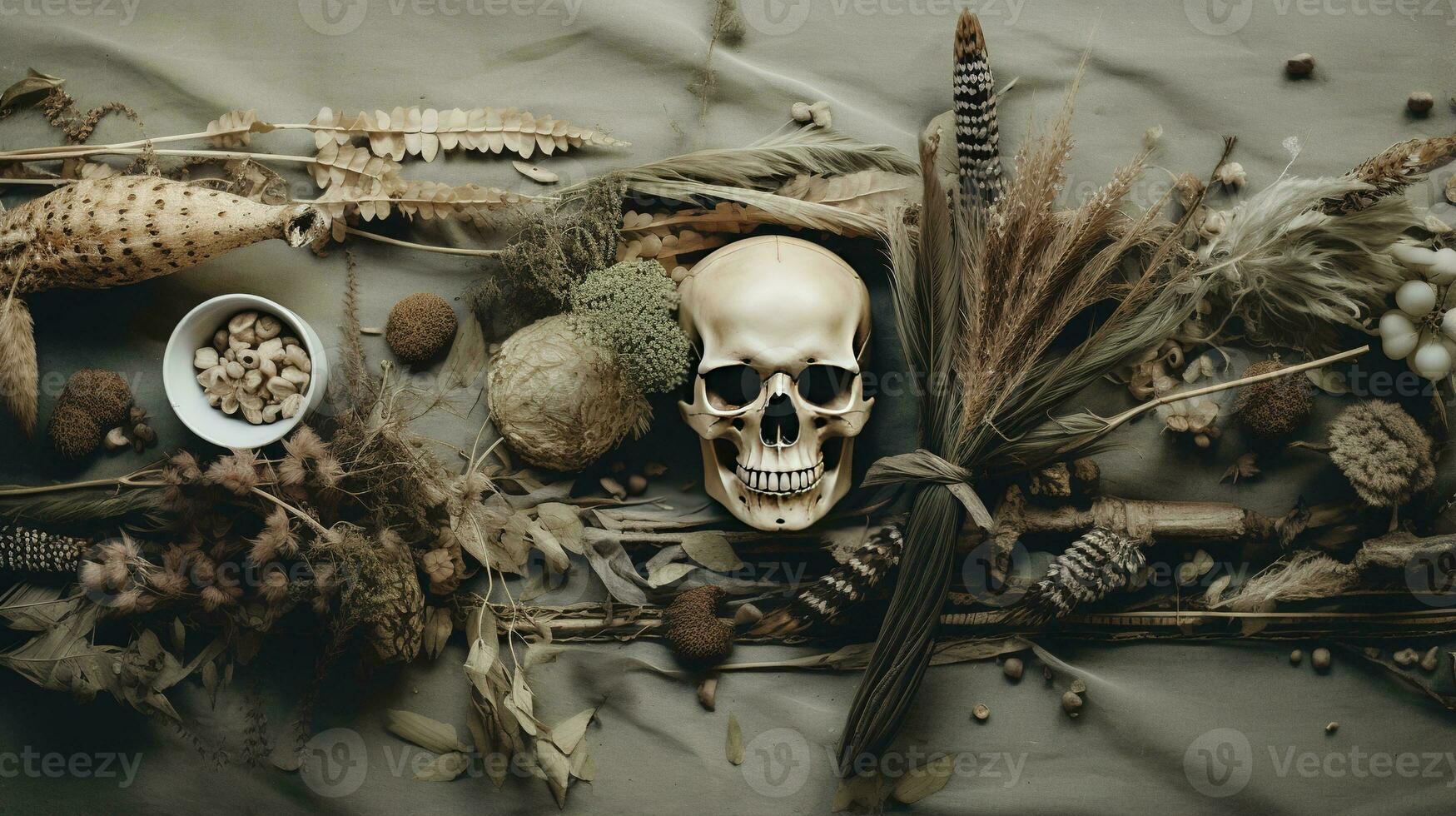 Generative AI, Halloween background with skull, flowers and feathers in boho style, muted neutral colors, home decoration photo