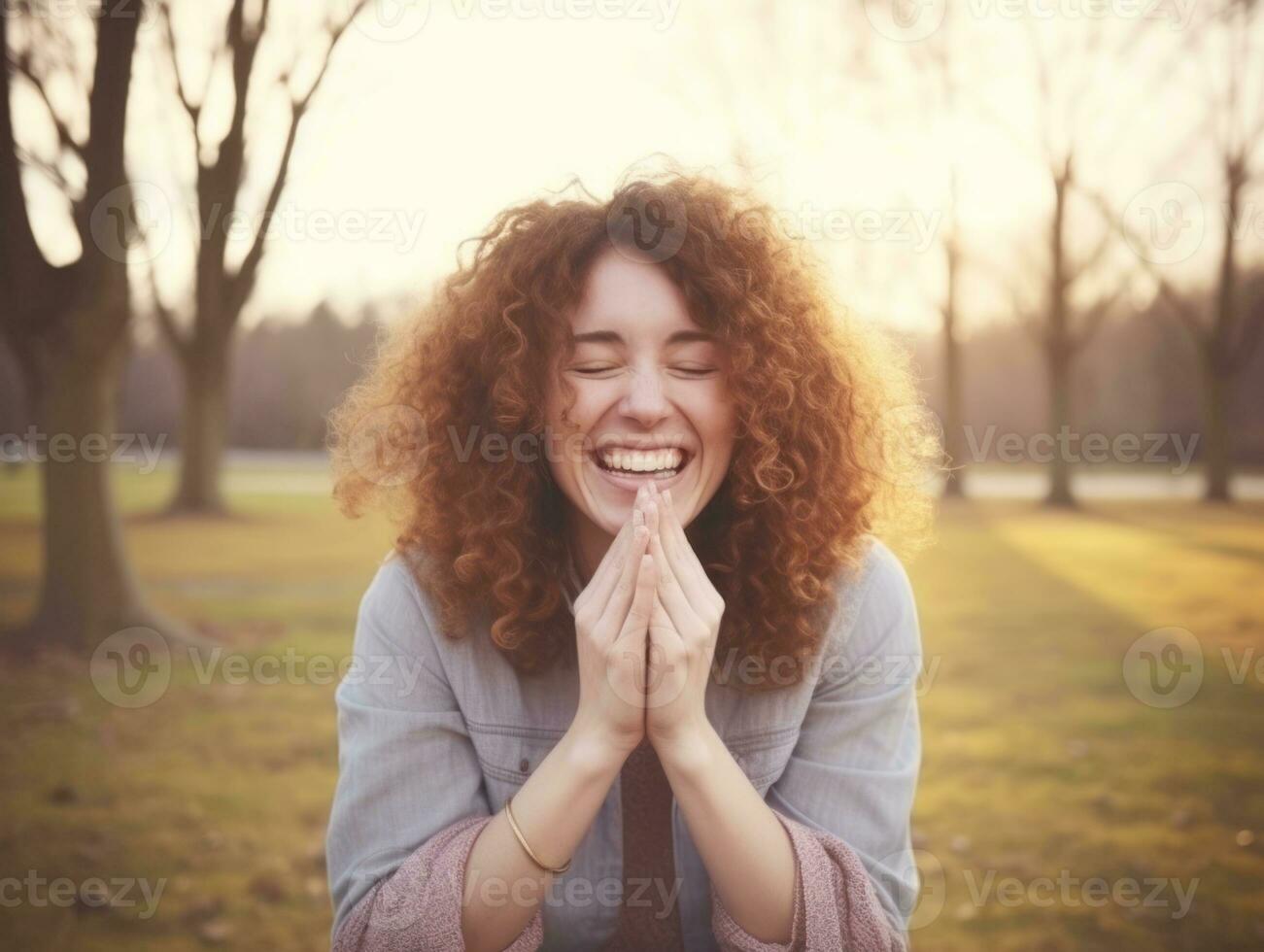 Woman enjoys in the winter day in emotional playful pose AI Generative photo