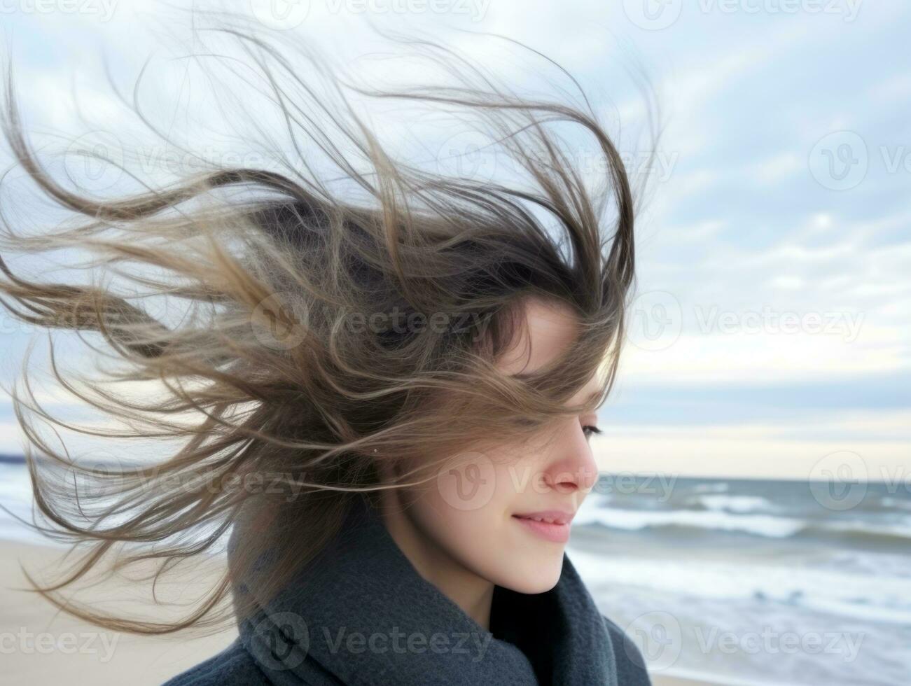 Woman enjoys in the winter day in emotional playful pose AI Generative photo