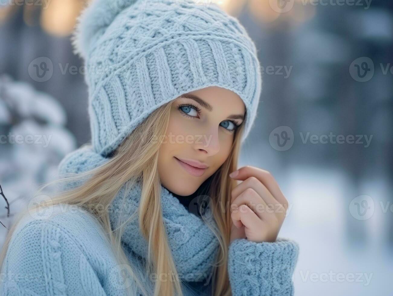 Woman enjoys in the winter day in emotional playful pose AI Generative photo