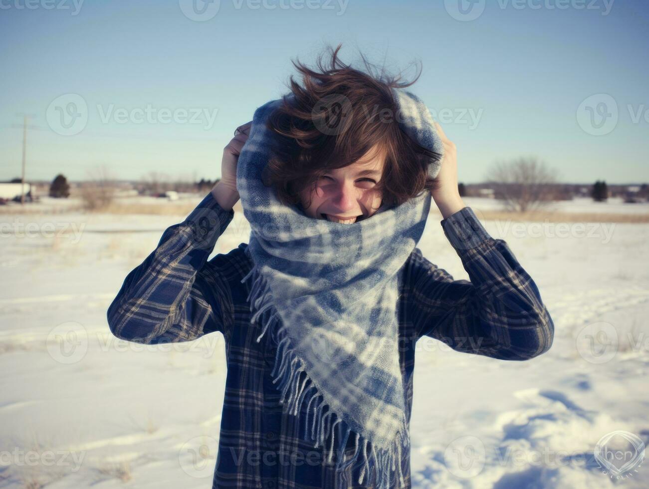 Woman enjoys in the winter day in emotional playful pose AI Generative photo