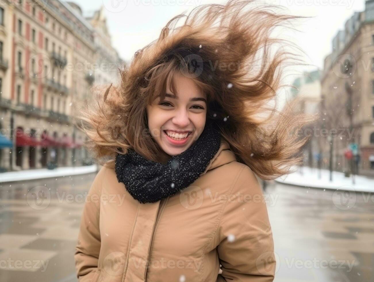 Woman enjoys in the winter day in emotional playful pose AI Generative photo