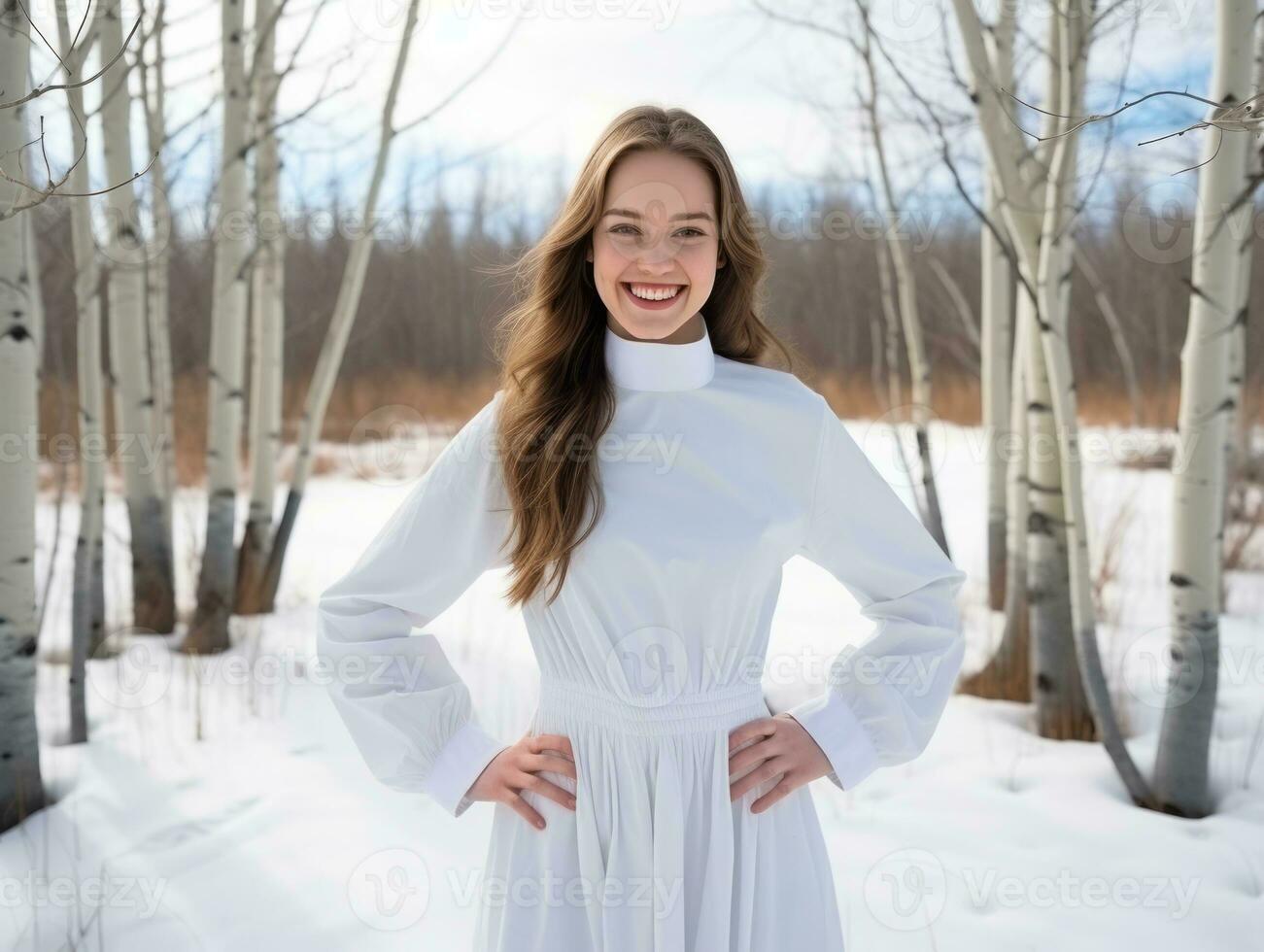 mujer disfruta en el invierno día en emocional juguetón actitud ai generativo foto