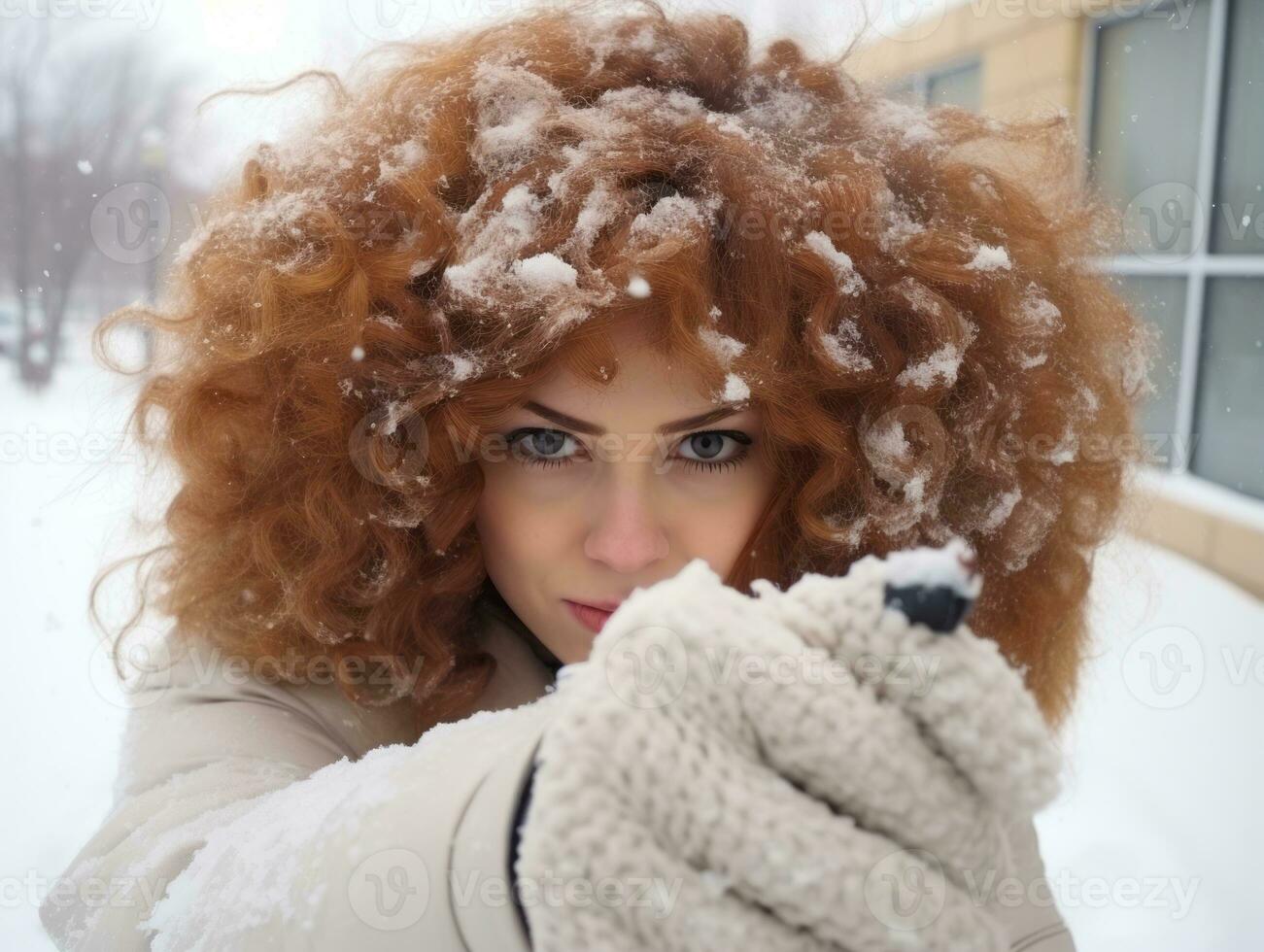 Woman enjoys in the winter day in emotional playful pose AI Generative photo