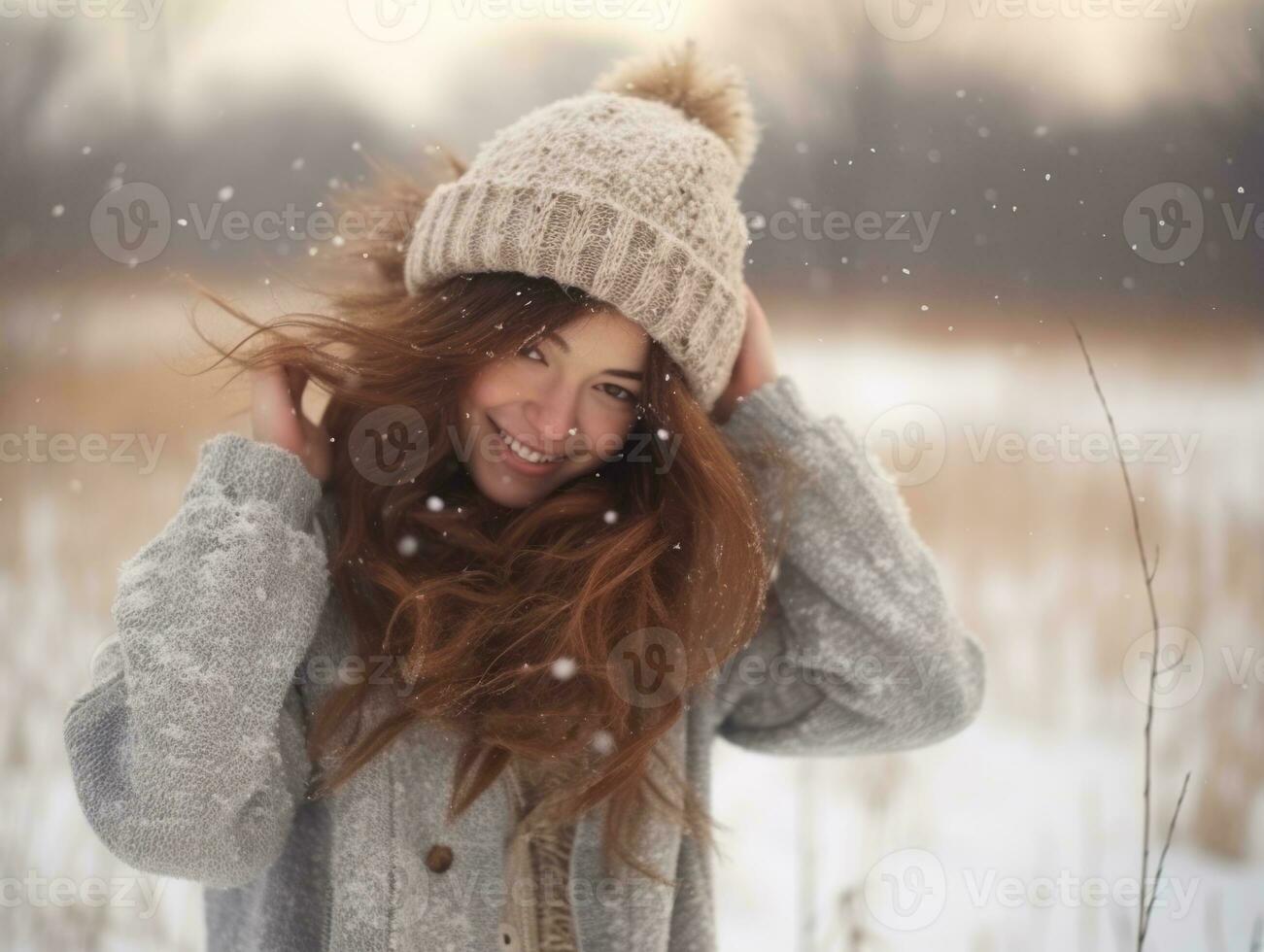 Woman enjoys in the winter day in emotional playful pose AI Generative photo