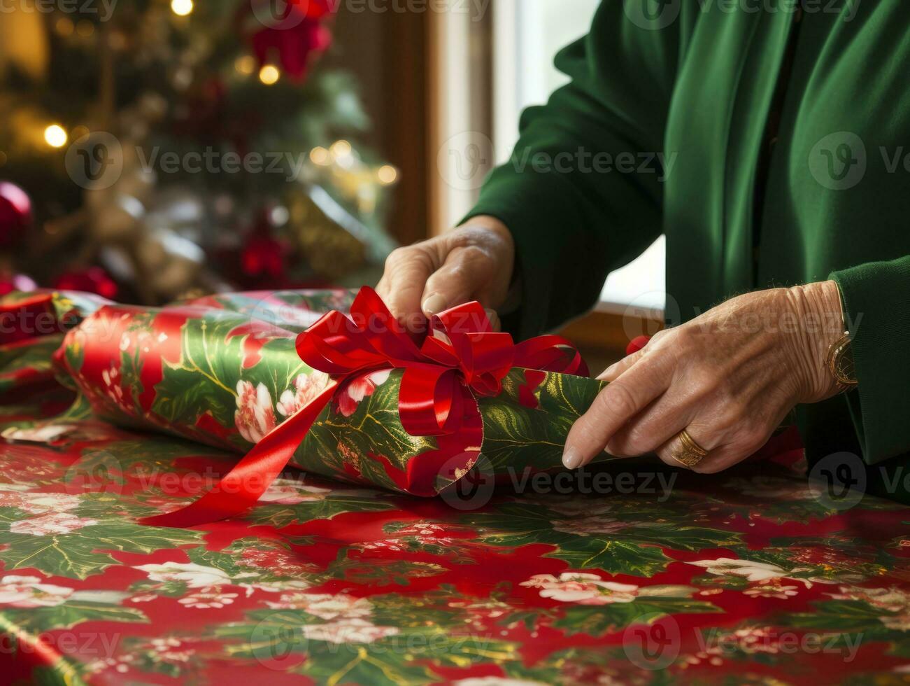 Woman wrapping presents with holiday themed wrapping paper AI Generative photo