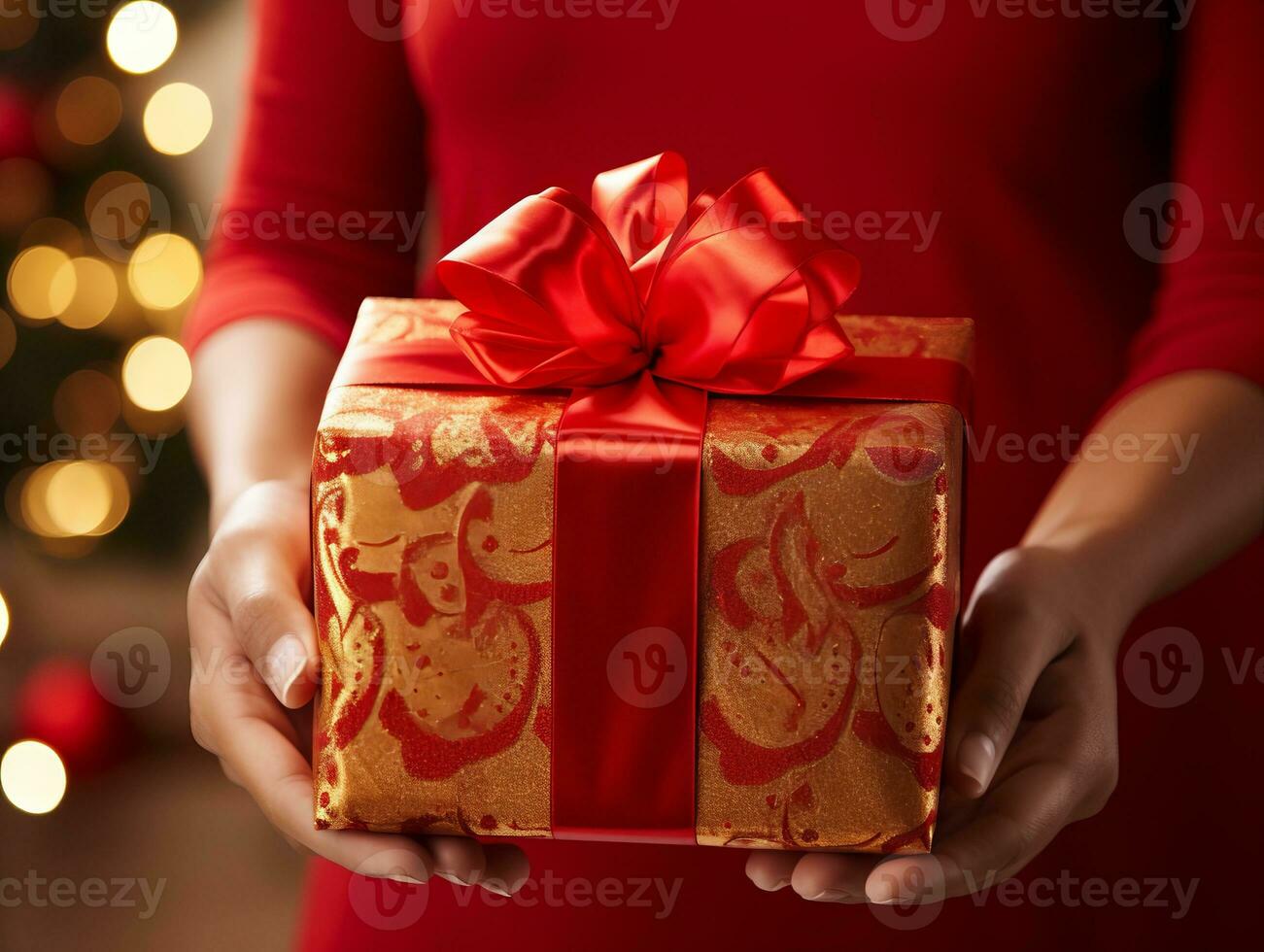 Woman wrapping presents with holiday themed wrapping paper AI Generative photo