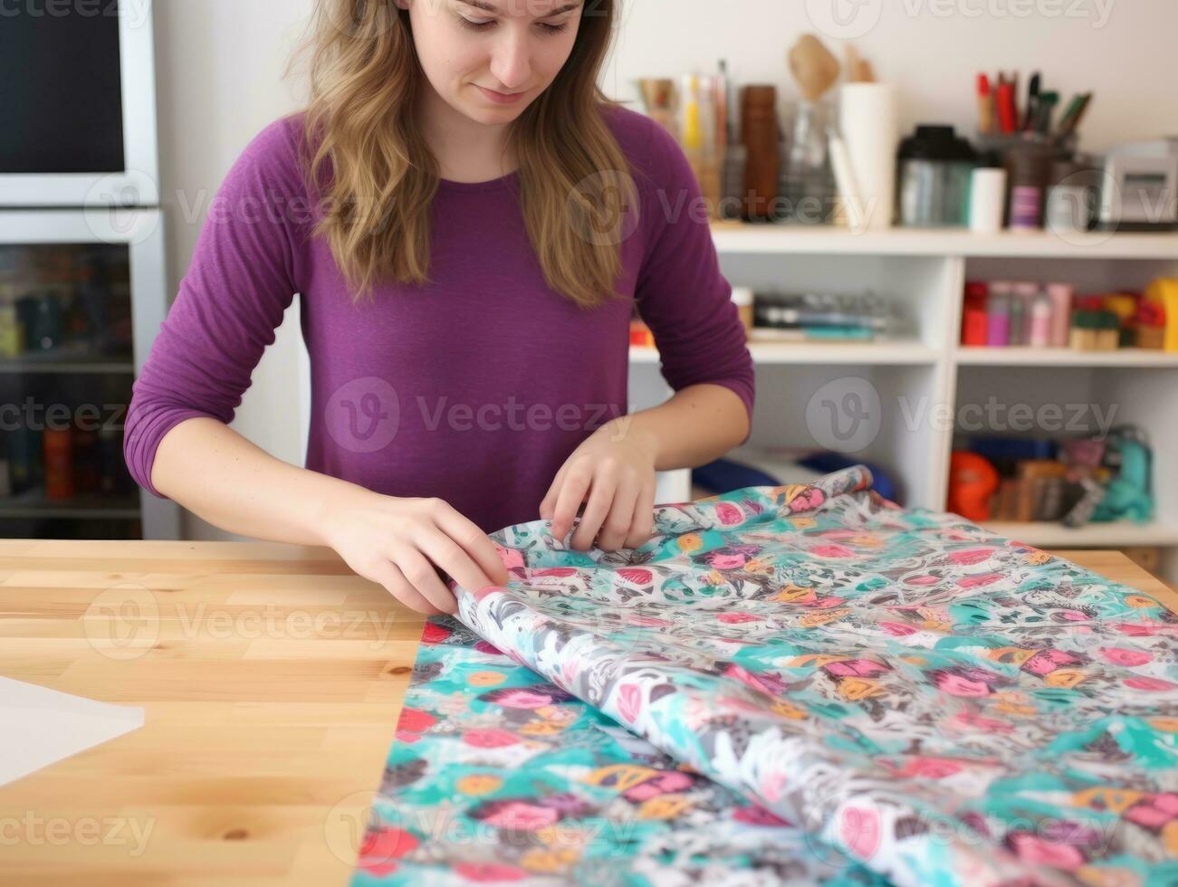 Woman wrapping presents with holiday themed wrapping paper AI Generative photo