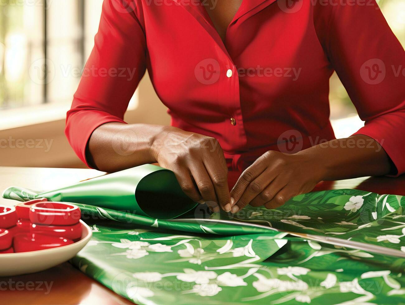 Woman wrapping presents with holiday themed wrapping paper AI Generative photo